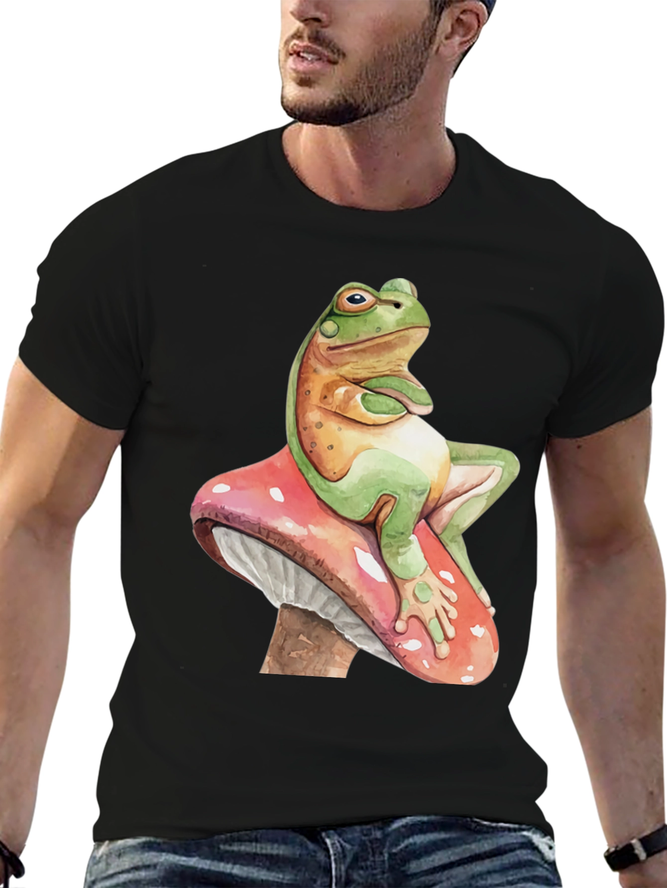 Black Frog on Mushroom T-Shirt - Relaxed Funny Graphic Tee view 6