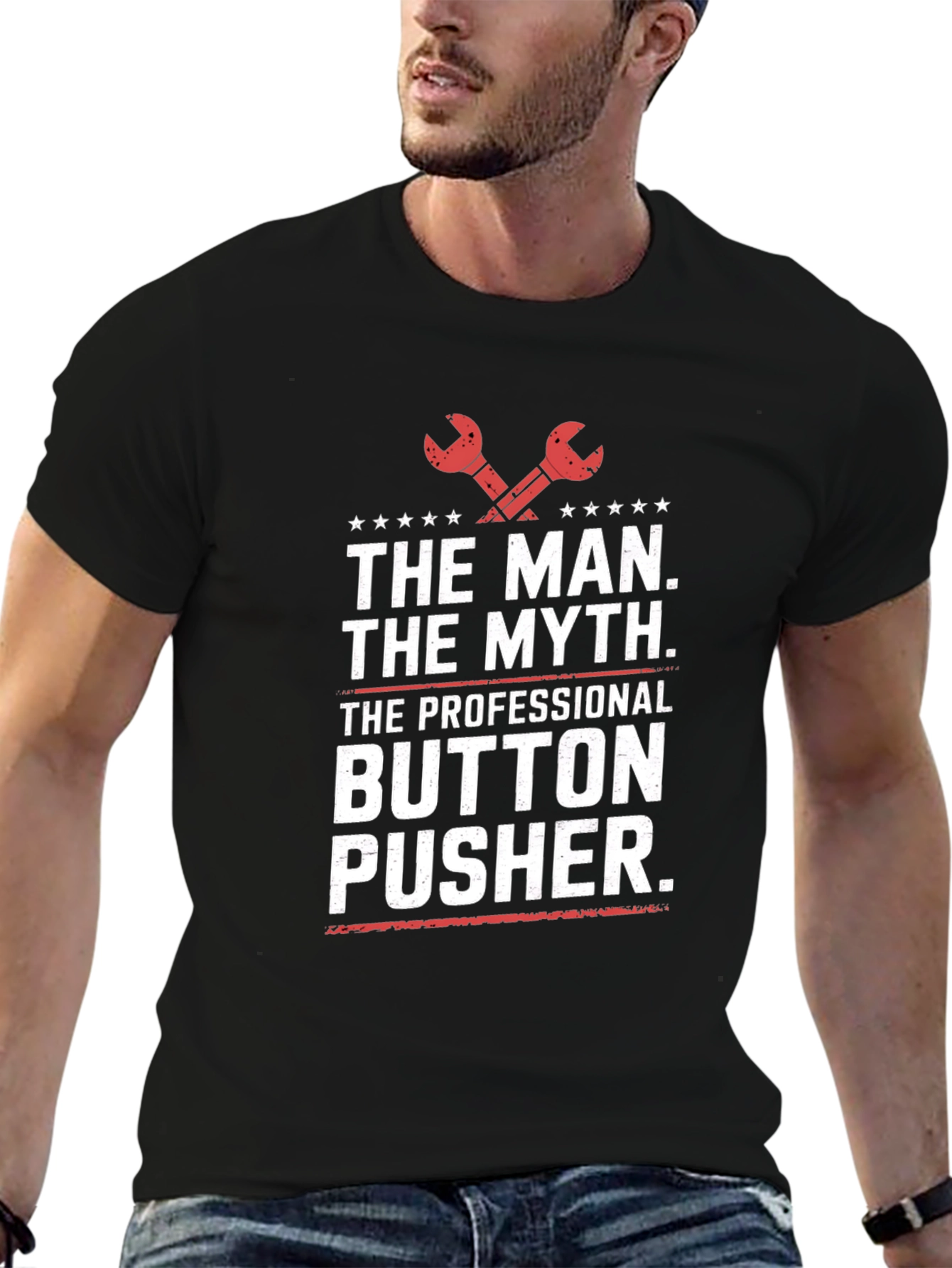 Black The Man The Myth Button Pusher T-Shirt view 6