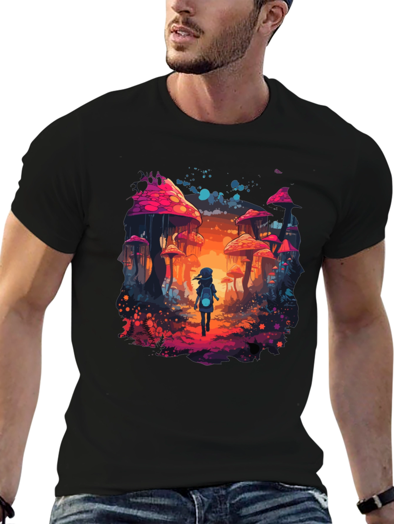 Black Mushroom Fantasy Graphic Tee - Unique Unisex Design view 6