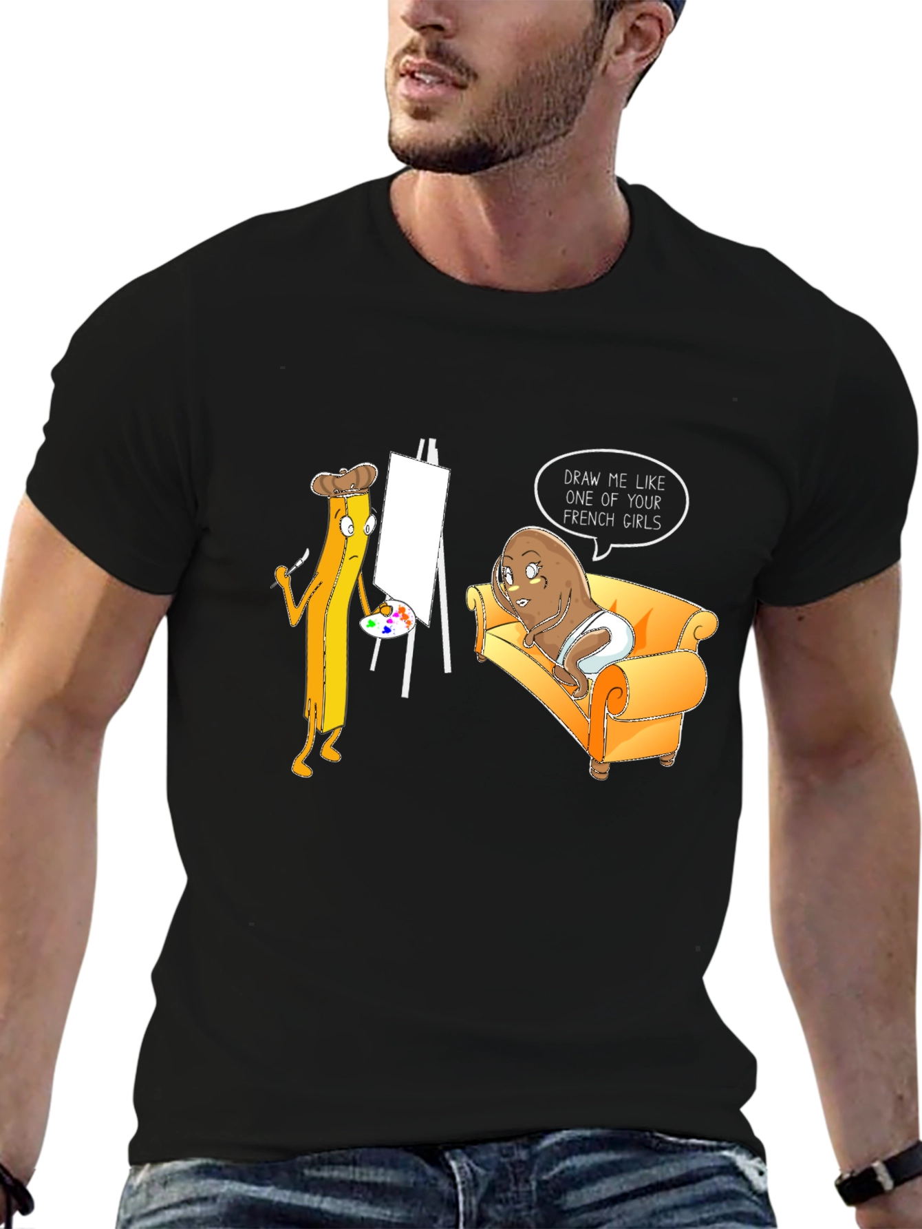 Black Funny Potato and Fries Art T-Shirt view 6