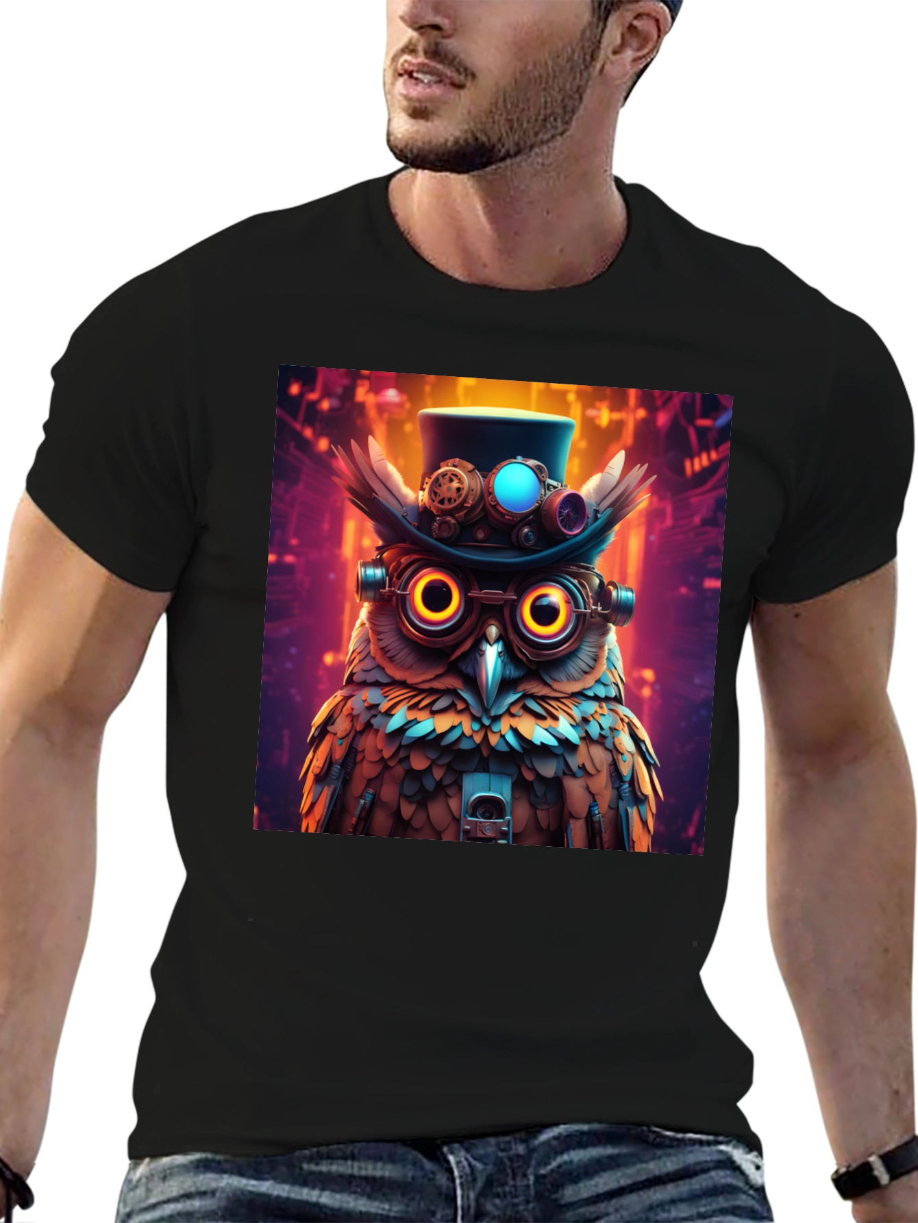 Black Steampunk Owl T-Shirt - Unique Graphic Tee view 6