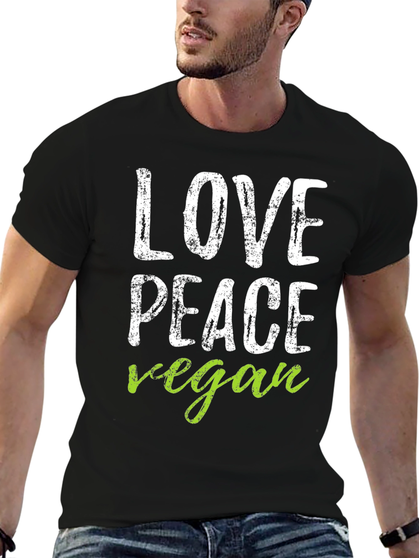 Black Love Peace Vegan Graphic Tee - Black Cotton T-Shirt view 6