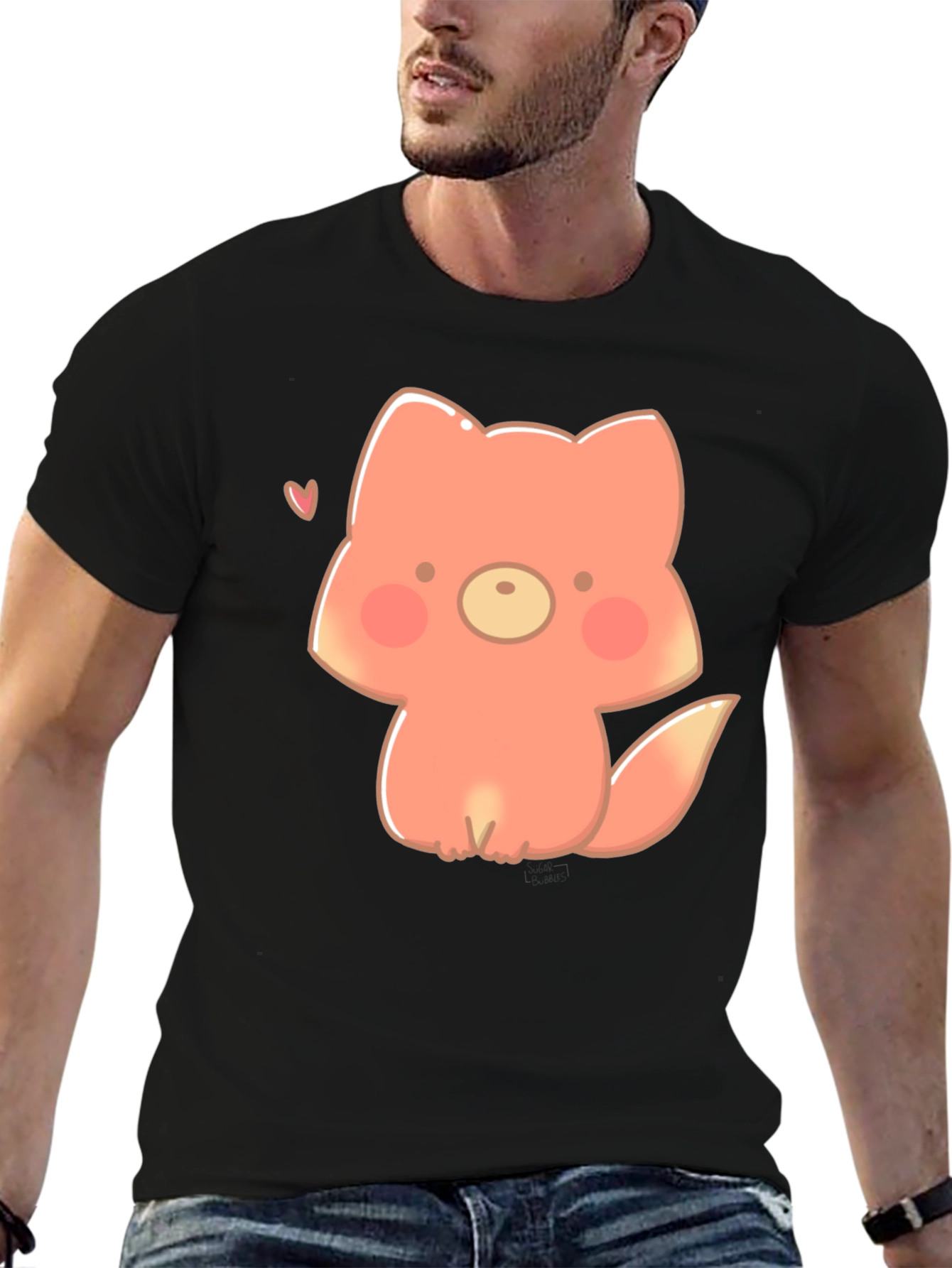 Black Cute Cartoon Fox Black T-Shirt view 6