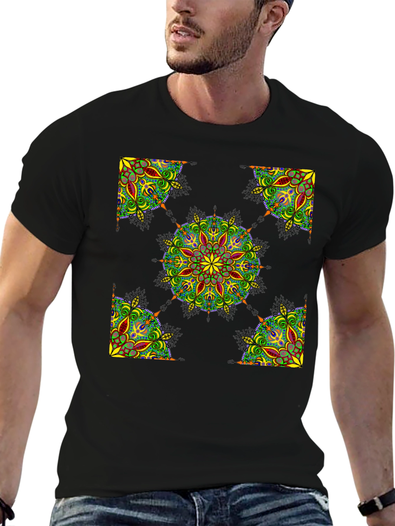 Black Black Mandala Print T-Shirt view 6