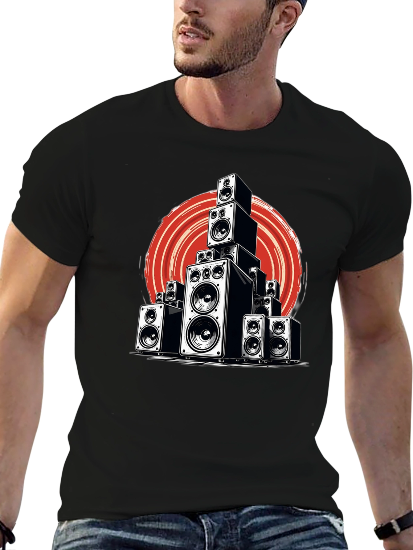 Black Speaker Stack Graphic Tee - Music Lover T-Shirt view 6