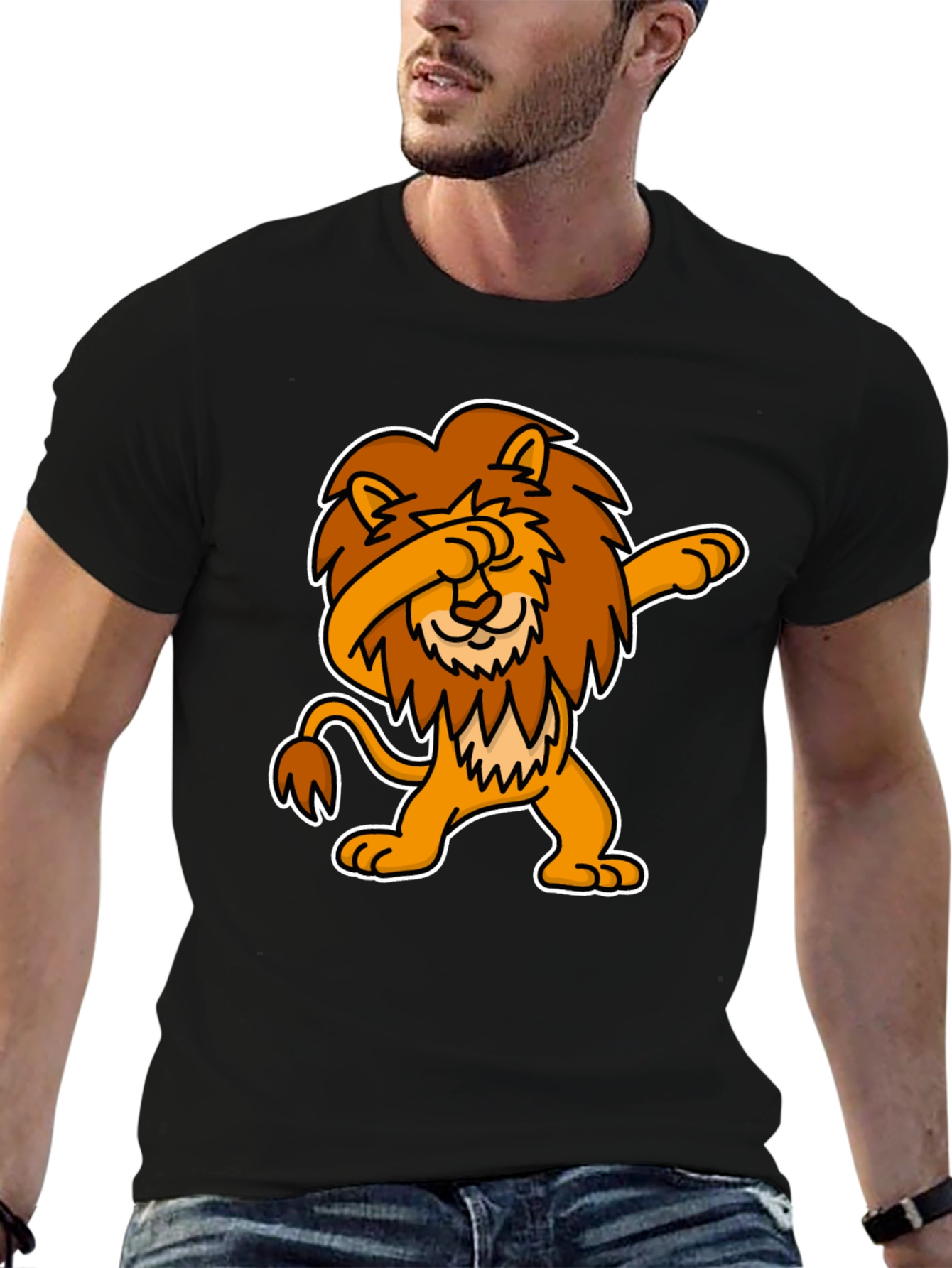 Black Dabbing Lion Graphic Tee - Black Cotton T-Shirt view 6