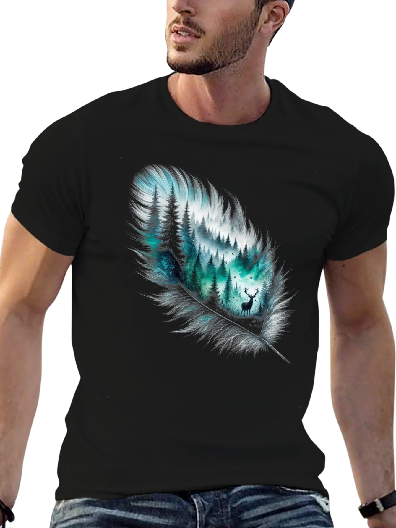 Black Feather Forest Graphic Tee - Nature Inspired Design view 6