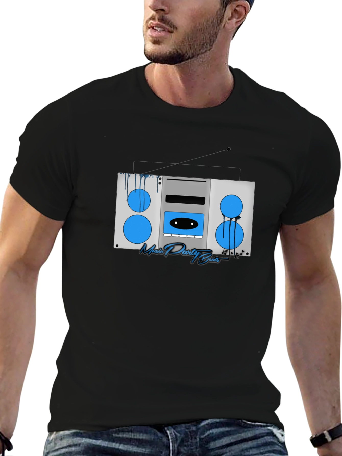 Black Retro Boombox Music T-Shirt view 6