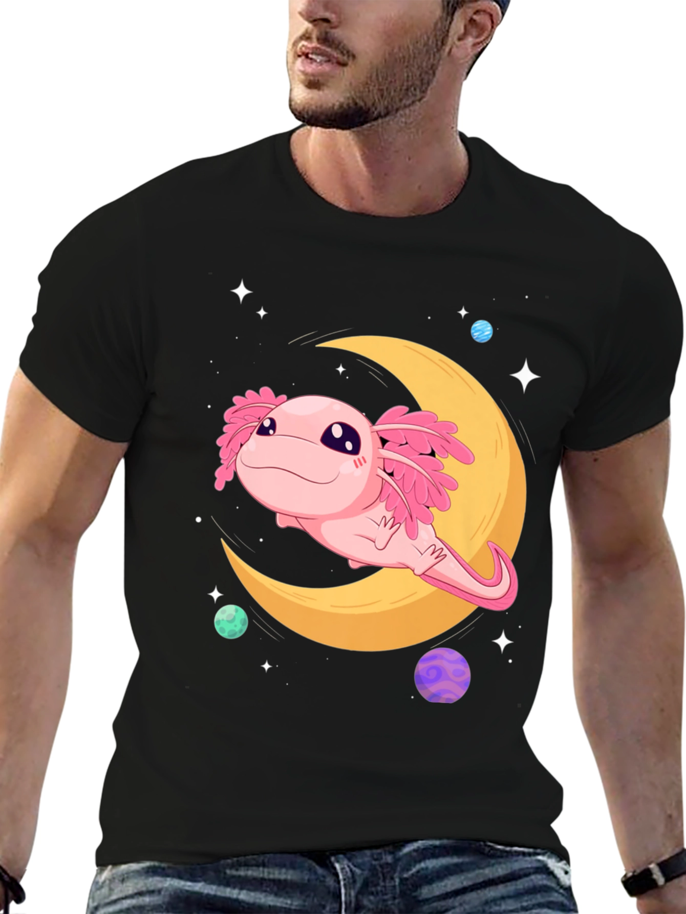 Black Axolotl Moon T-Shirt - Cute Space Design view 6