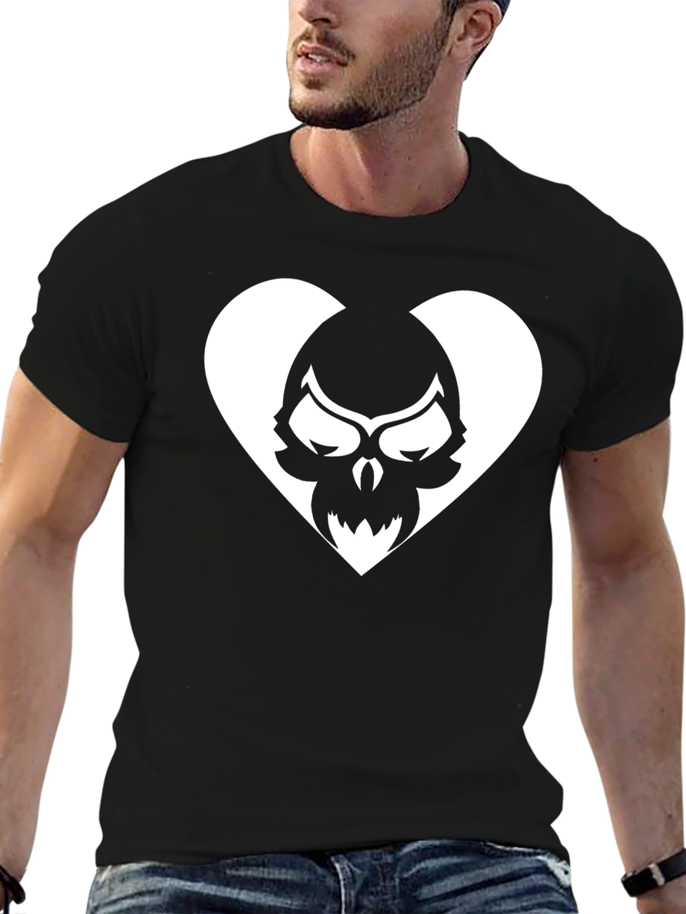 Black Skull Heart Graphic Tee - Black Cotton T-Shirt view 6
