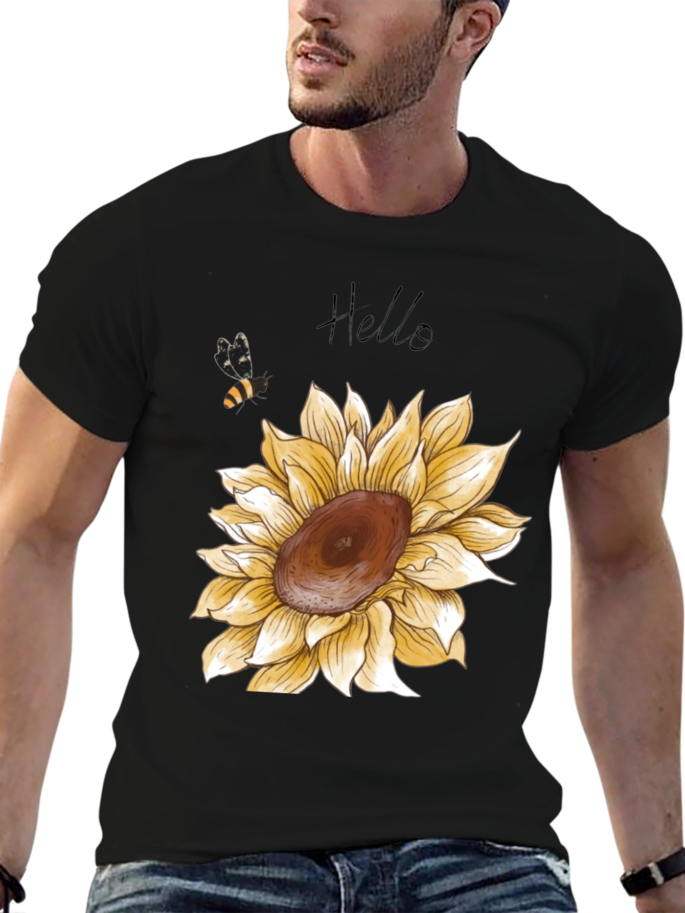 Black Sunflower Graphic Print Men's Black T-Shirt view 6