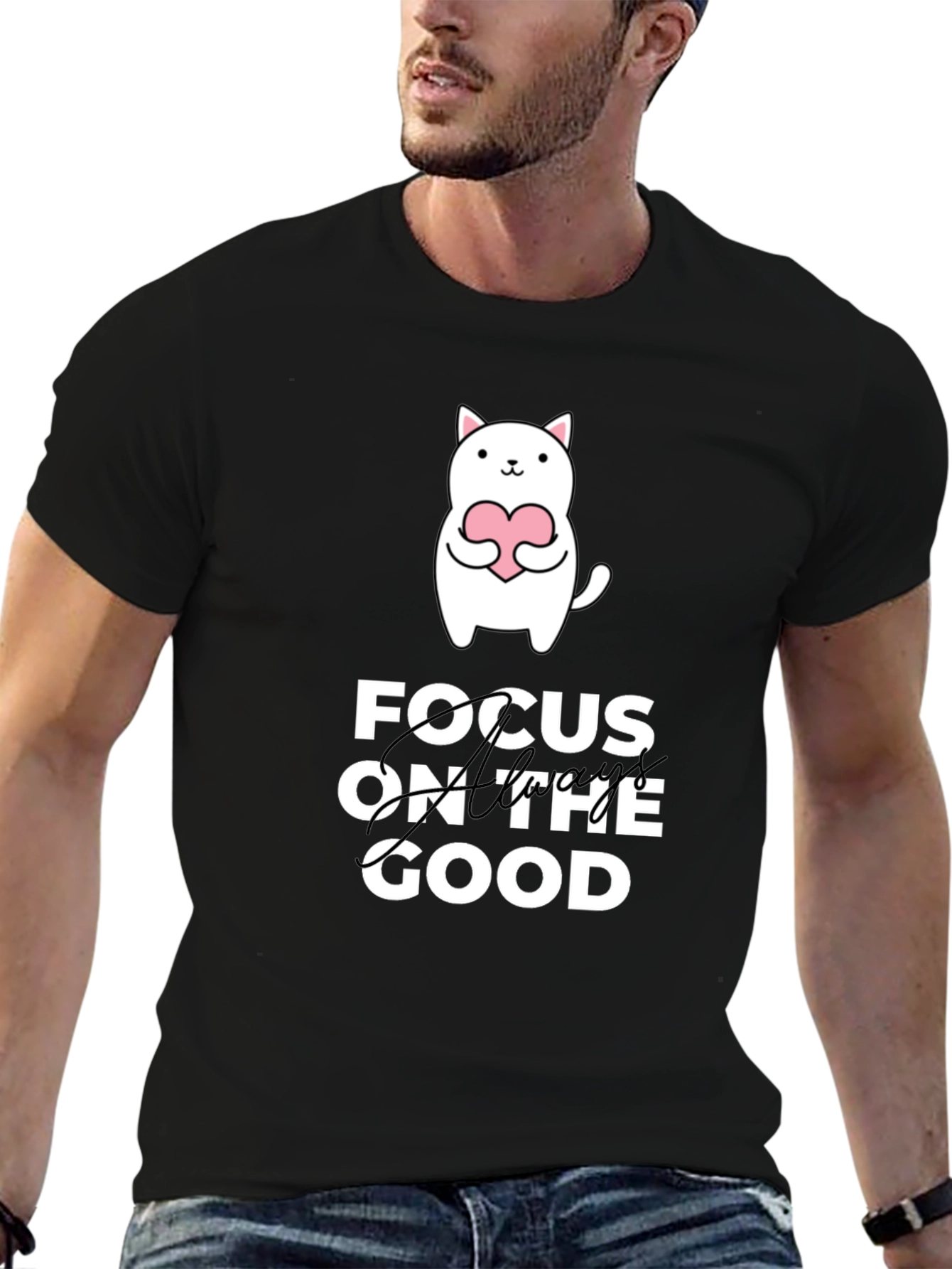 Black Focus on the Good T-Shirt - Cute Cat Design view 6