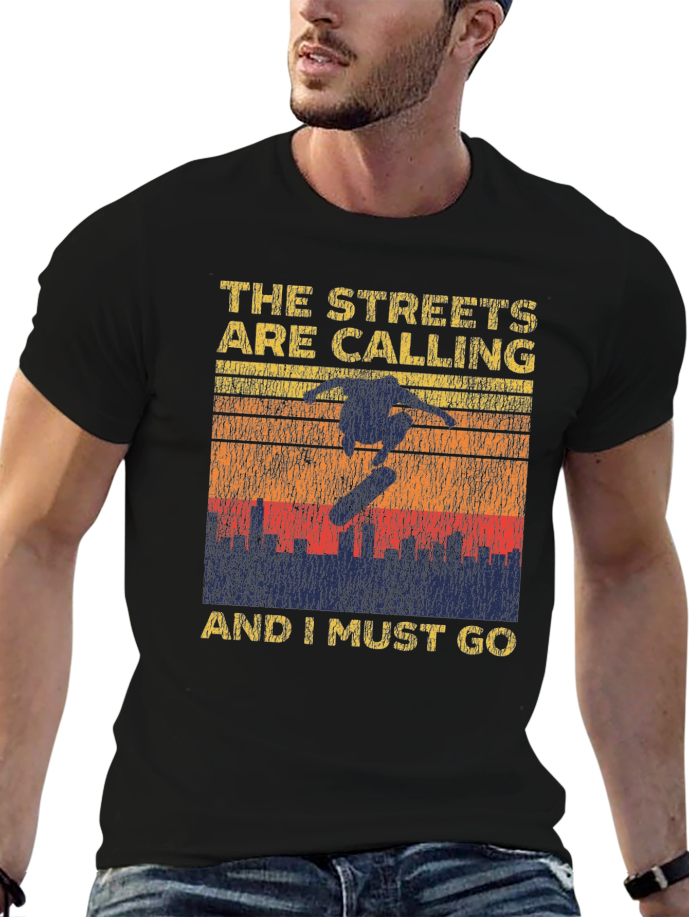 Black Skateboarding Graphic T-Shirt - The Streets Are Calling view 6