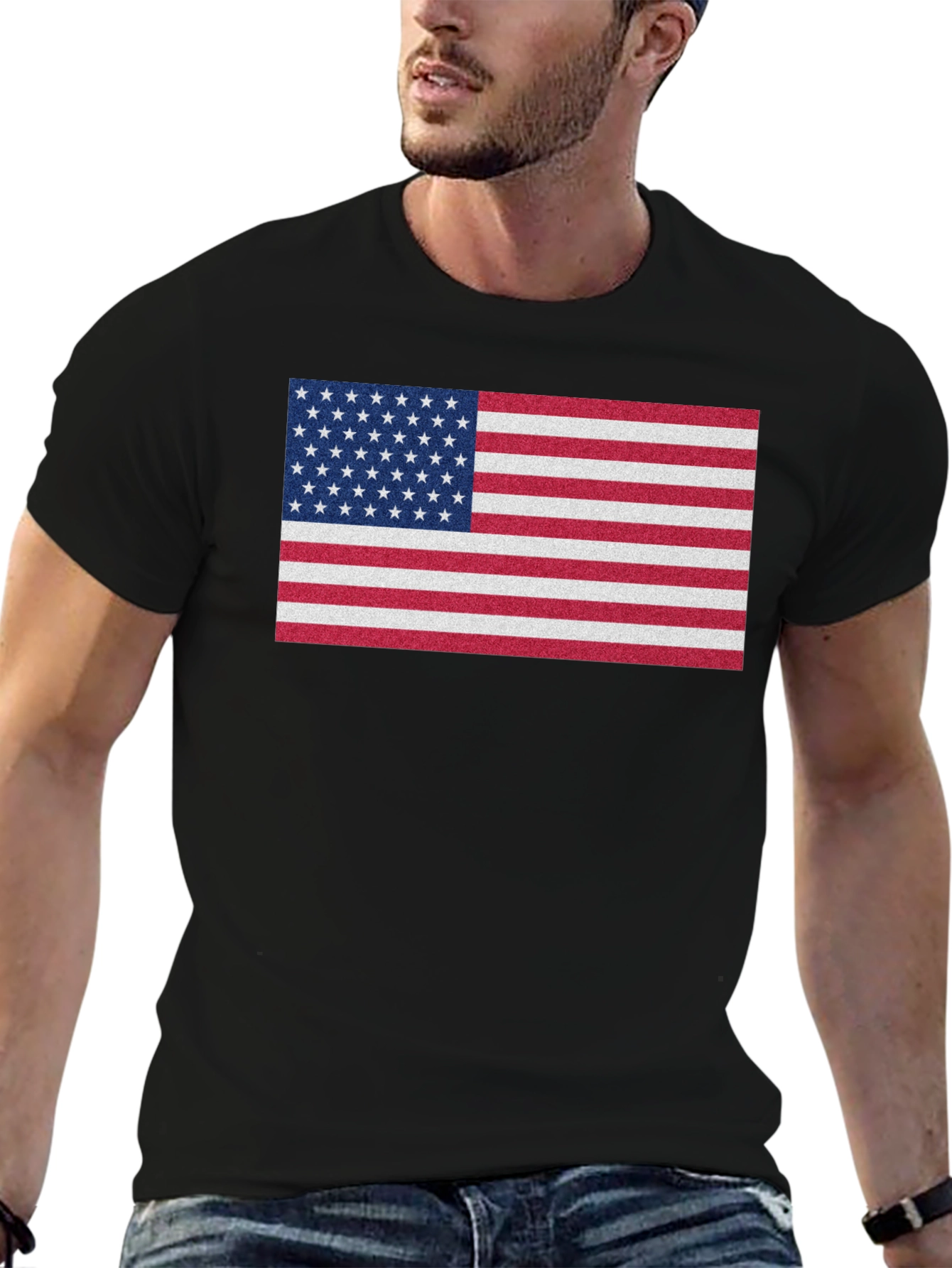 Black American Flag Graphic Print Crew Neck T-Shirt view 6