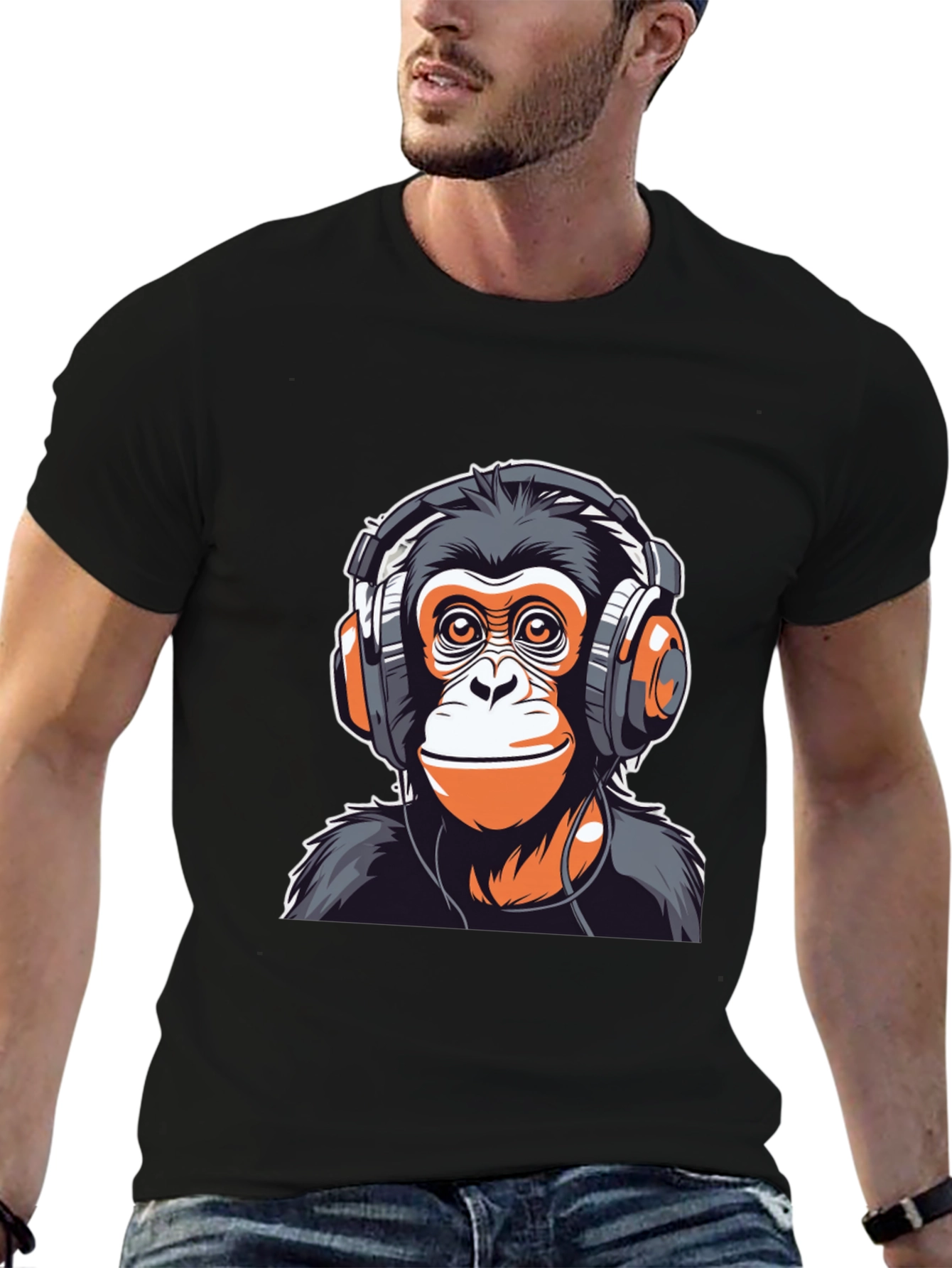 Black Cool Monkey Headphones Graphic Tee view 6