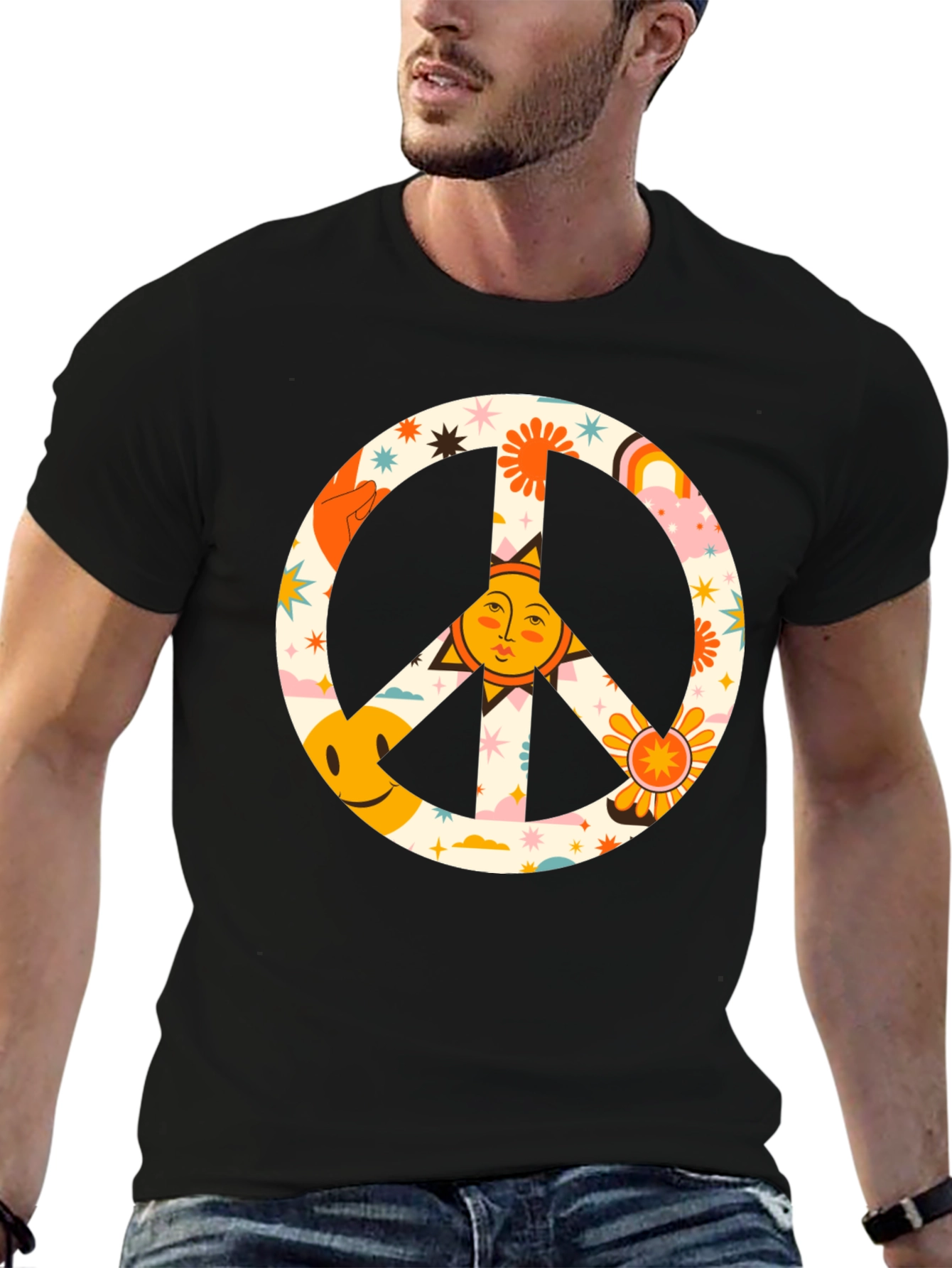 Black Groovy Peace Sign Graphic Tee - Retro Style view 6