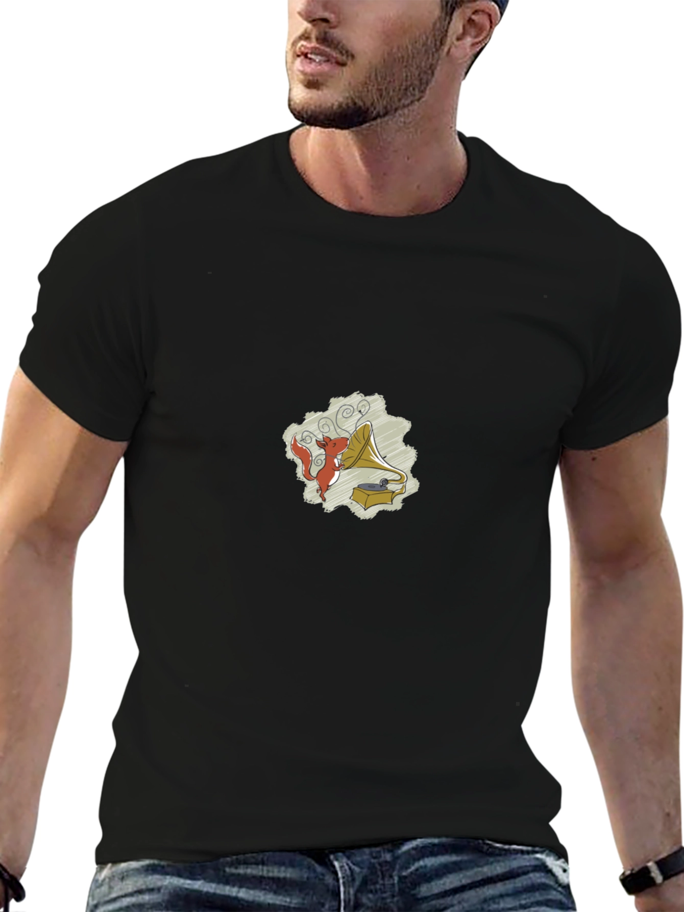 Black Retro Squirrel Gramophone Graphic T-Shirt view 6