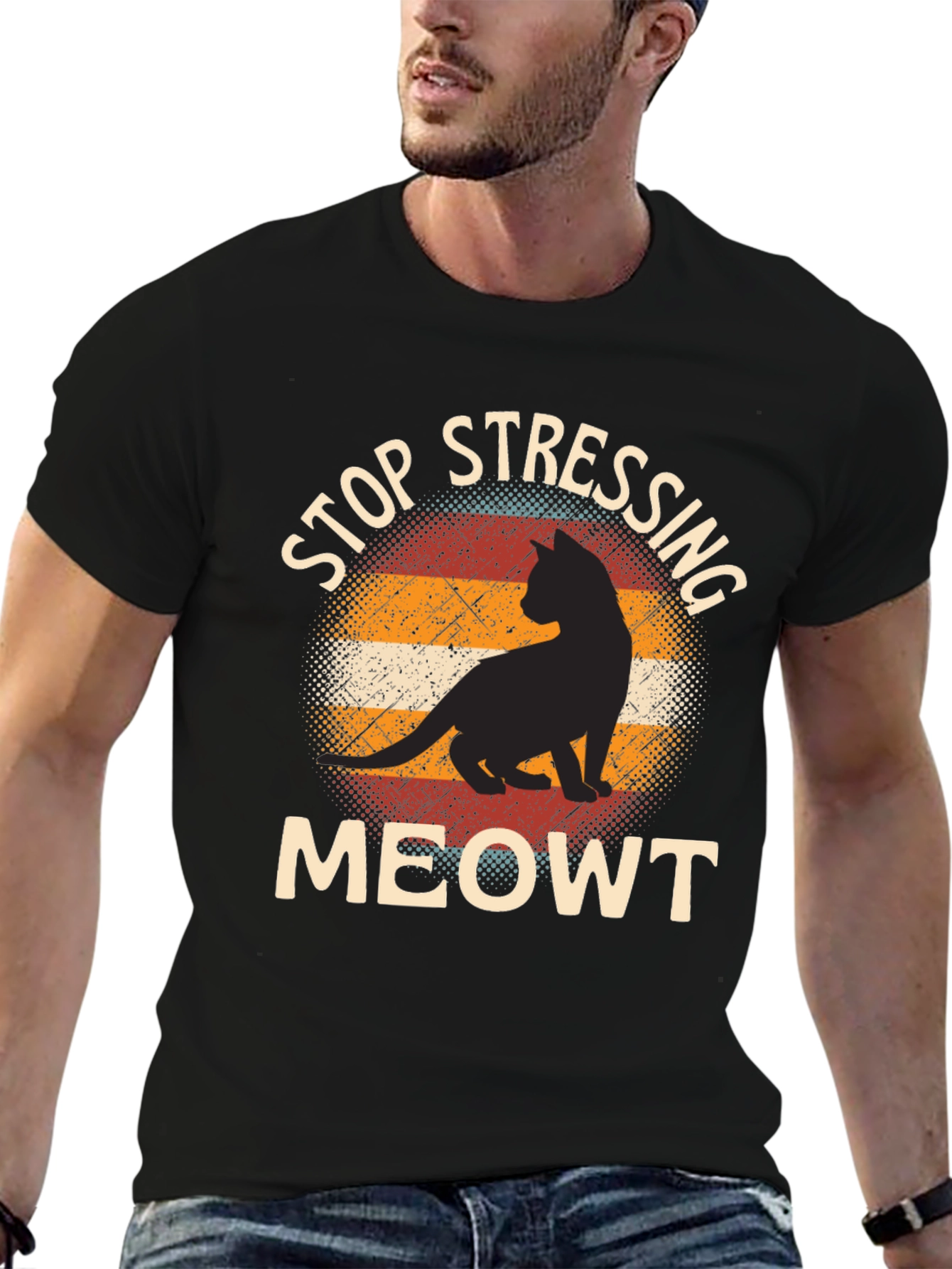 Black Stop Stressing Meowt Cat T-Shirt - Funny Cat Lover Tee view 6