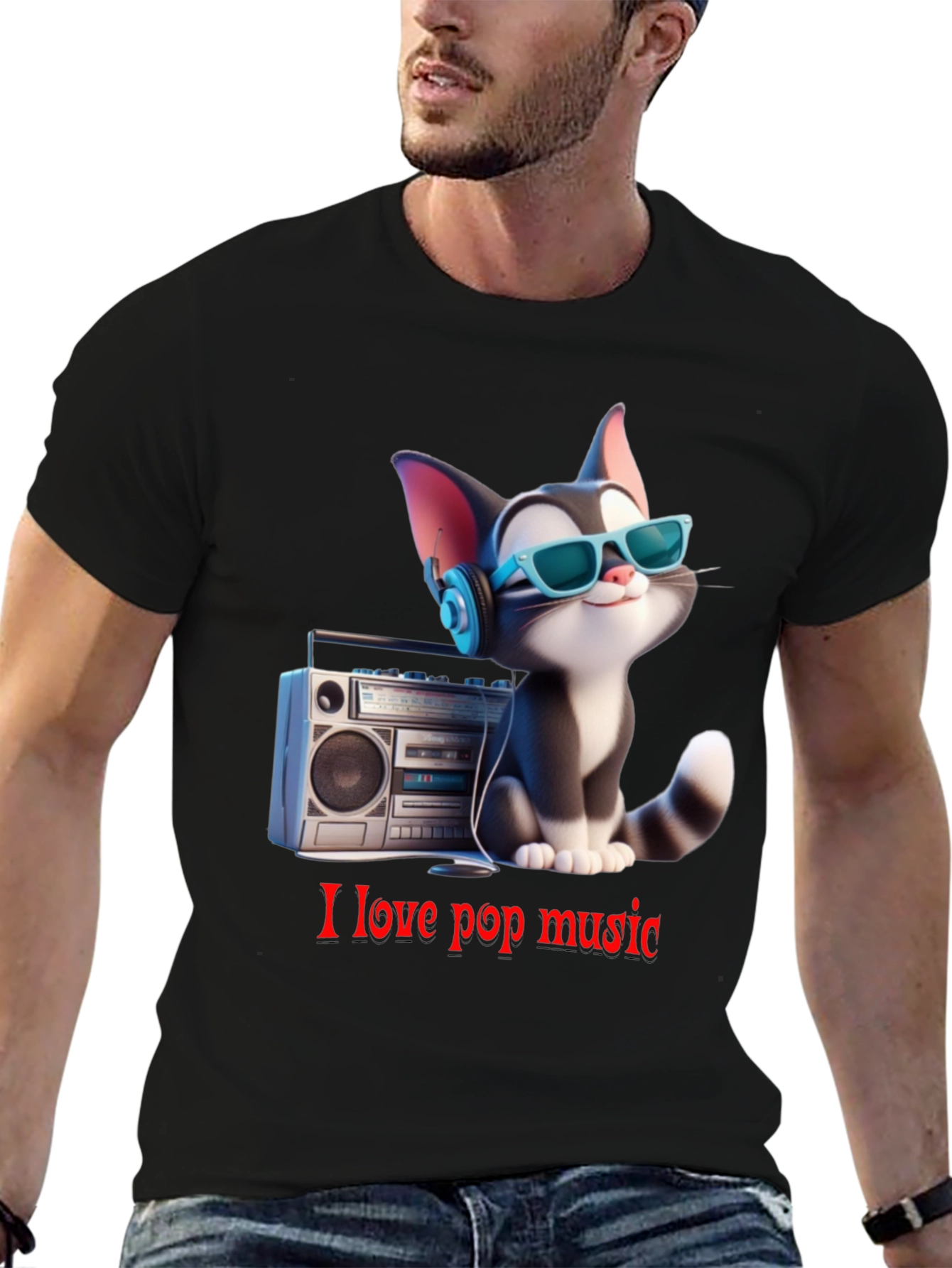 Black Cool Cat Loves Pop Music T-Shirt view 6