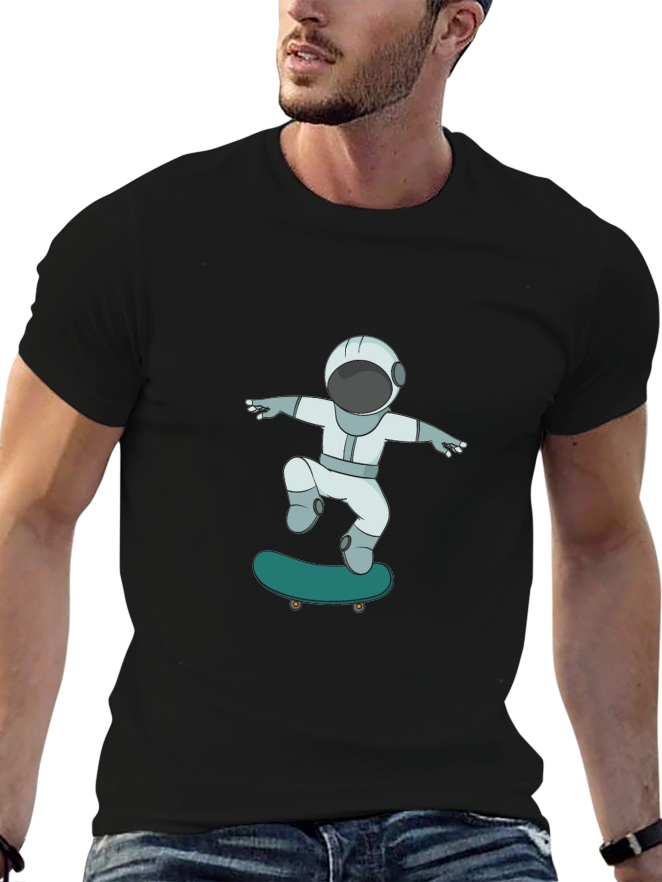 Black Skateboarding Astronaut Graphic Tee - Cool Black T-Shirt view 6