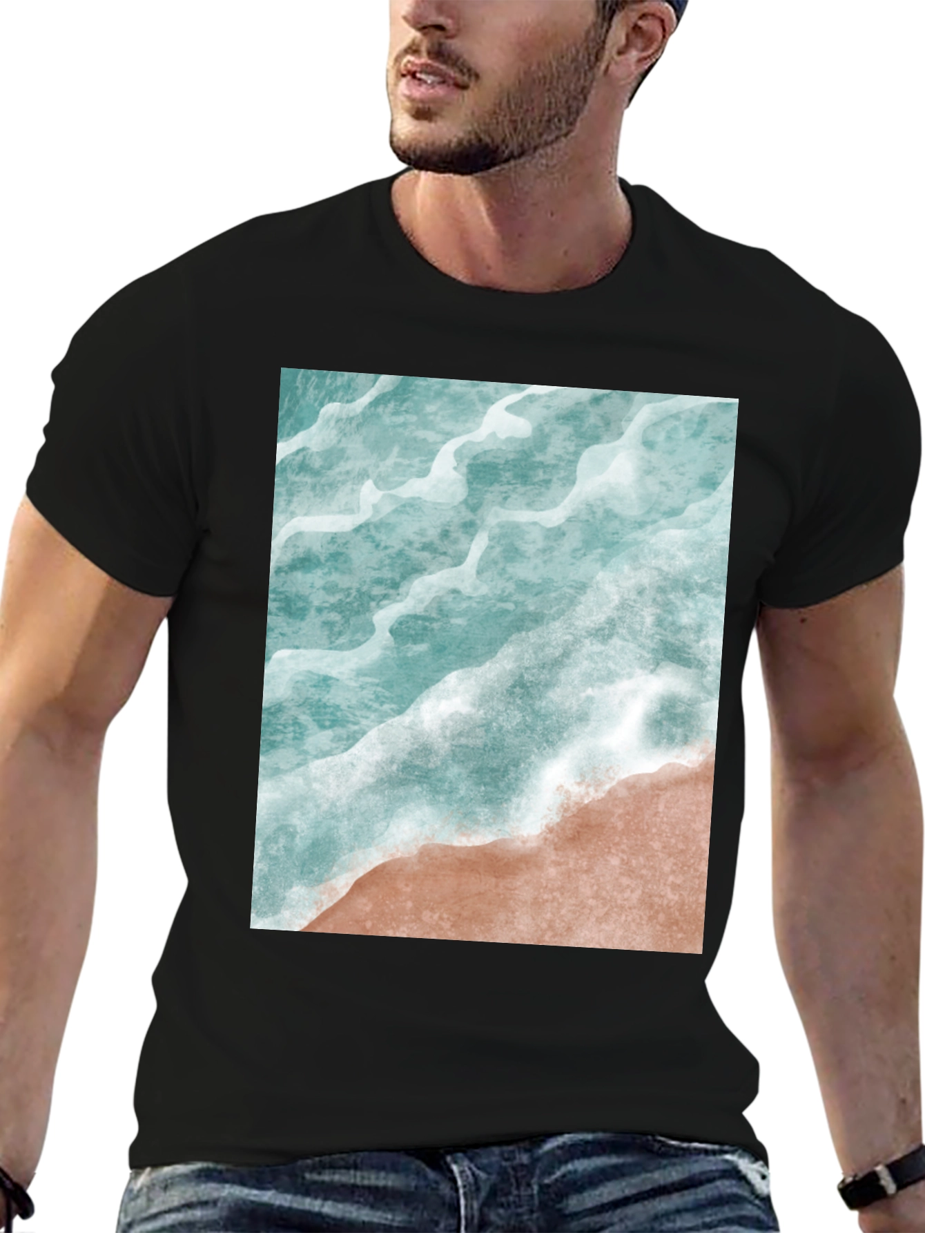Black Ocean Wave Graphic Tee - Beach Style Black T-Shirt view 6