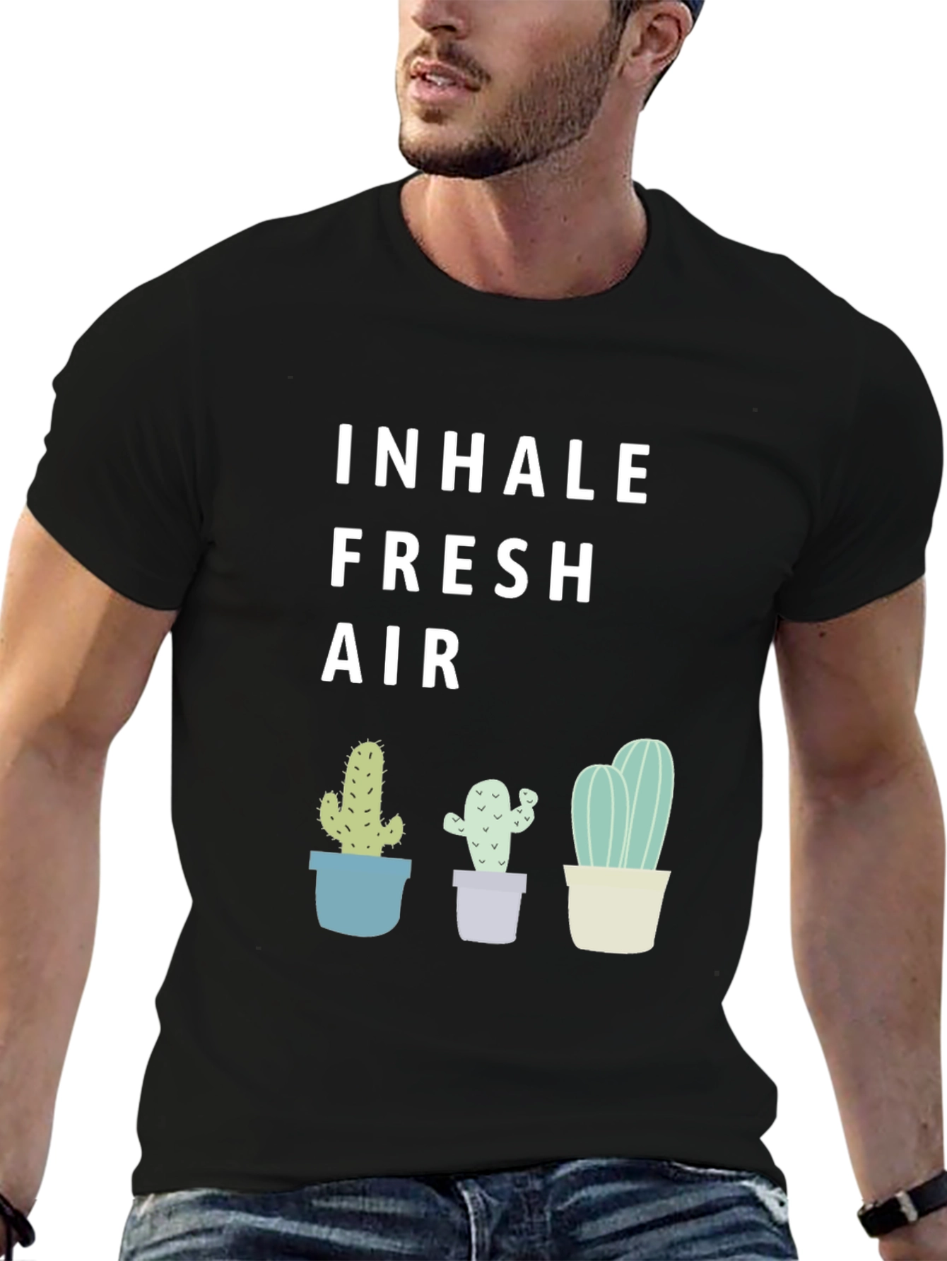 Black Inhale Fresh Air Cactus Graphic Tee - Unisex view 6
