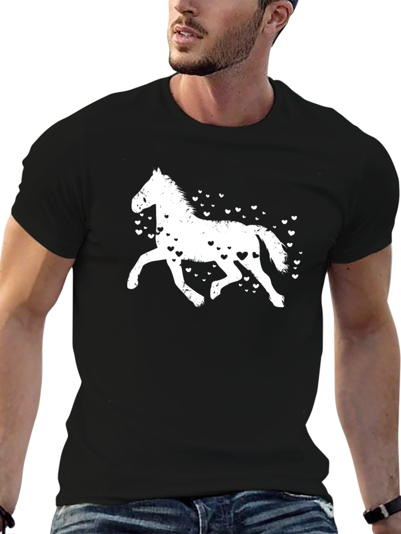 Black Horse & Hearts Graphic Tee - Black Casual T-Shirt view 6