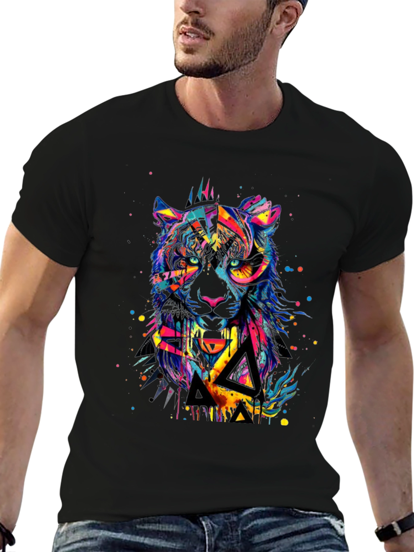 Black Colorful Geometric Tiger Graphic T-Shirt view 6
