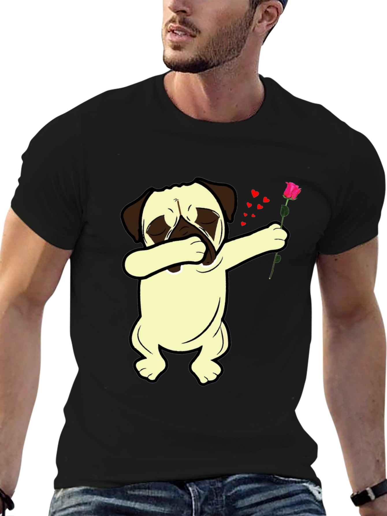 Black Dabbing Pug T-Shirt with Rose view 6