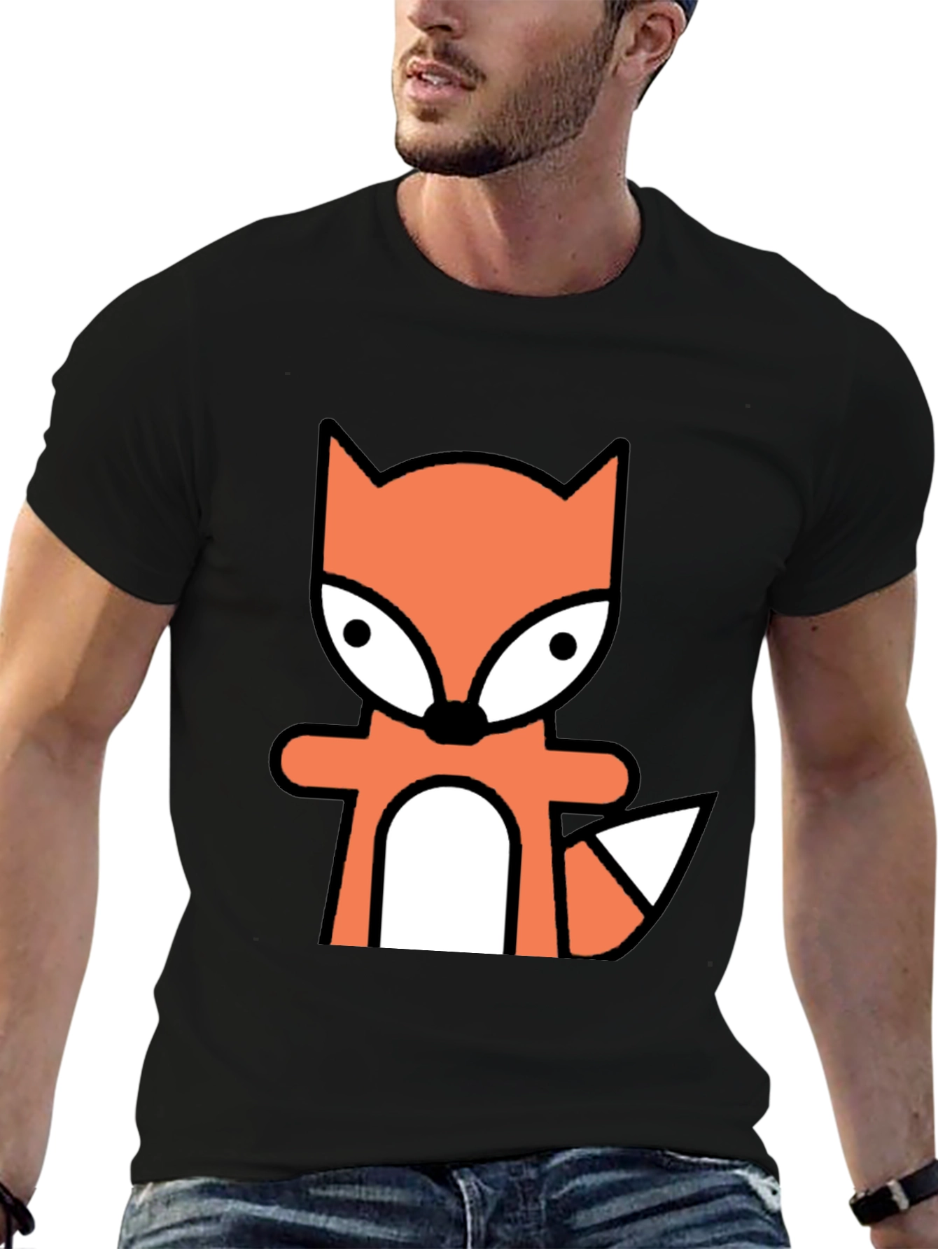 Black Cartoon Fox Graphic Tee - Black Cotton Blend view 6