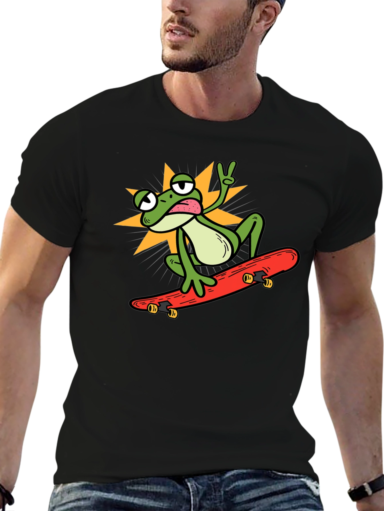 Black Cool Frog Skateboarder Graphic Tee view 6