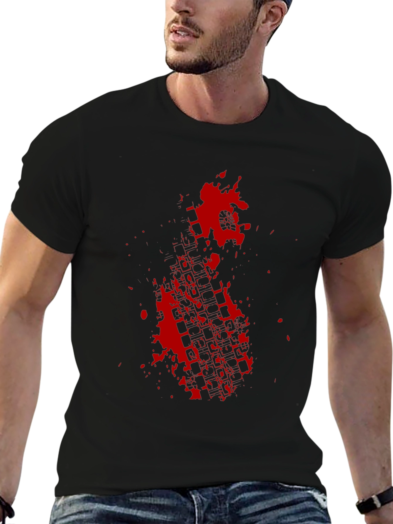 Black Black Tee with Red Tire Track Splatter Graphic view 6