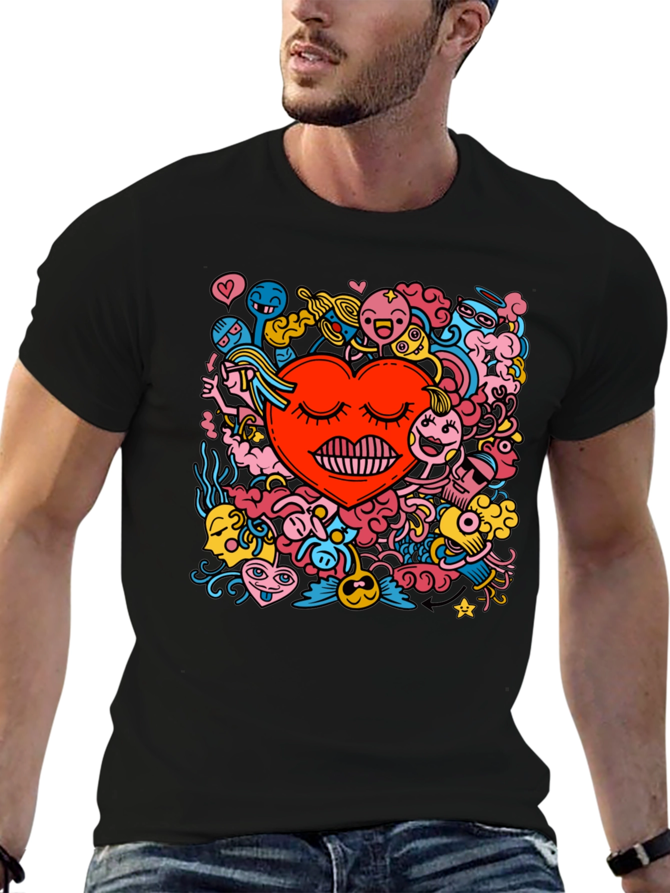 Black Heart Doodle Graphic Tee - Black Cotton Casual T-Shirt view 6