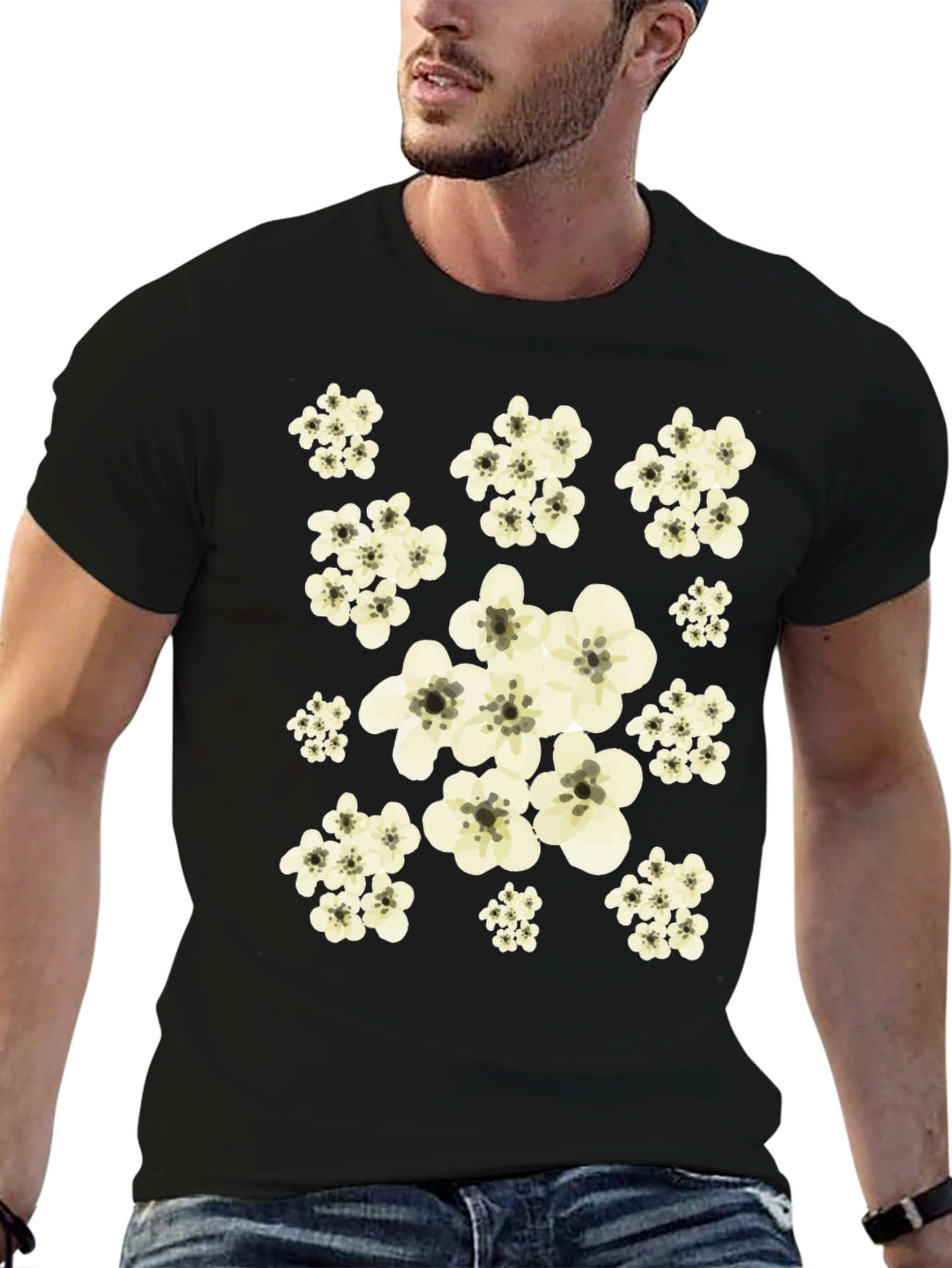 Black Floral Print Black Tee Shirt view 6