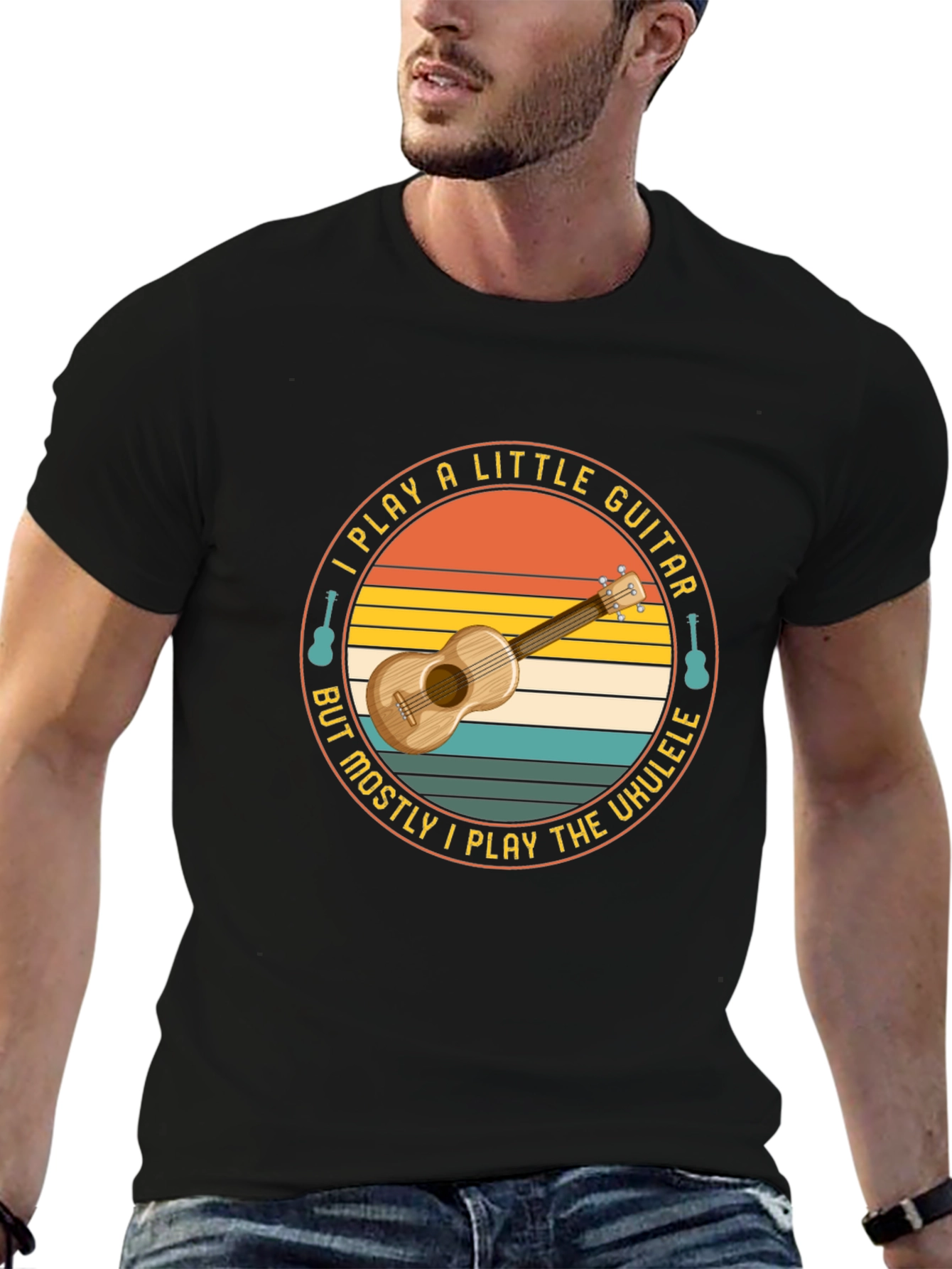 Black Ukulele Player T-Shirt: I Play A Little Guitar view 6