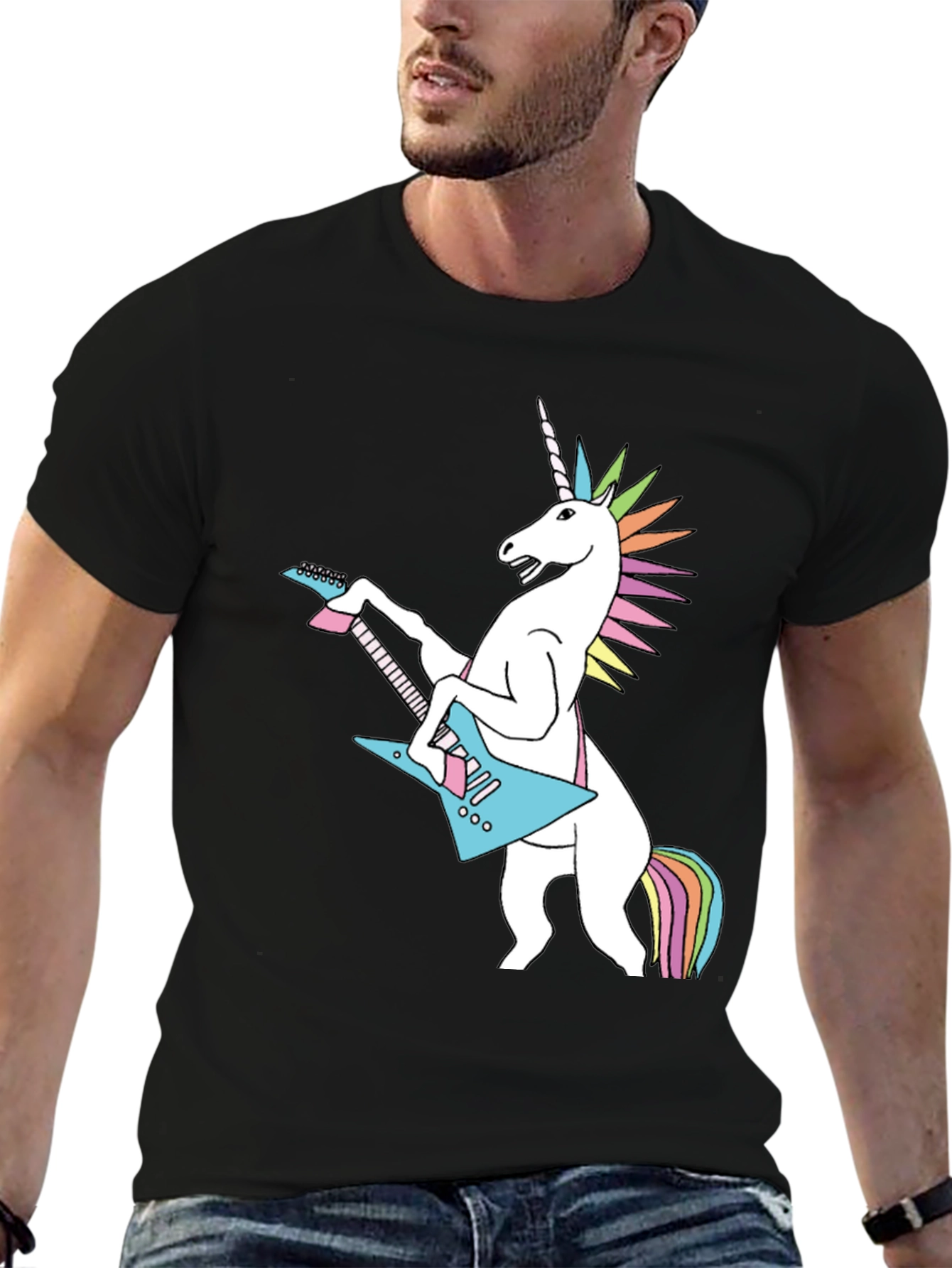 Black Unicorn Rock Guitar Black T-Shirt - Novelty Graphic Tee view 6