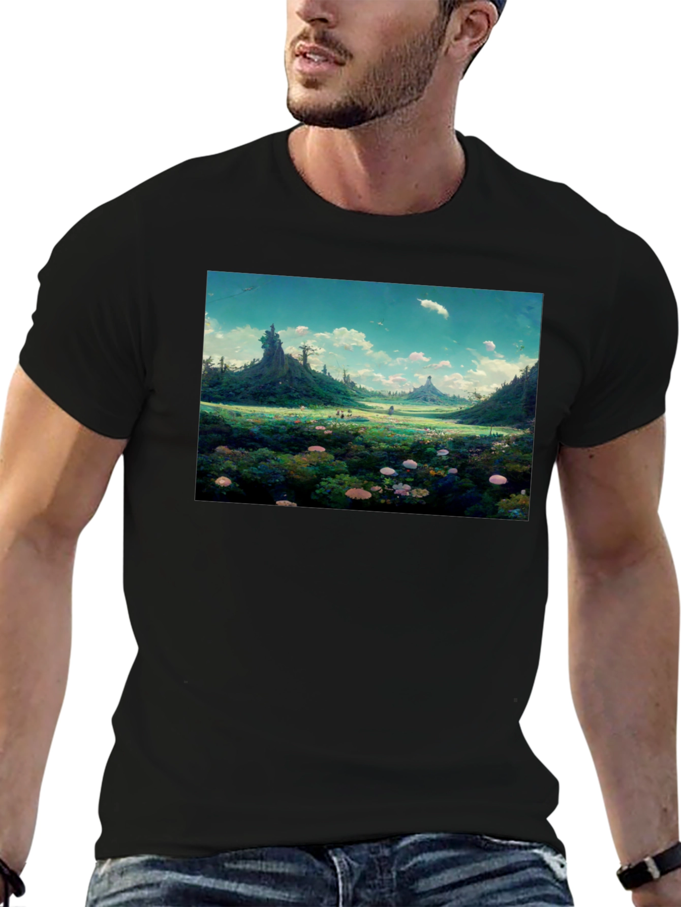 Black Whimsical Landscape Graphic Tee - Nature Lover's Shirt view 6