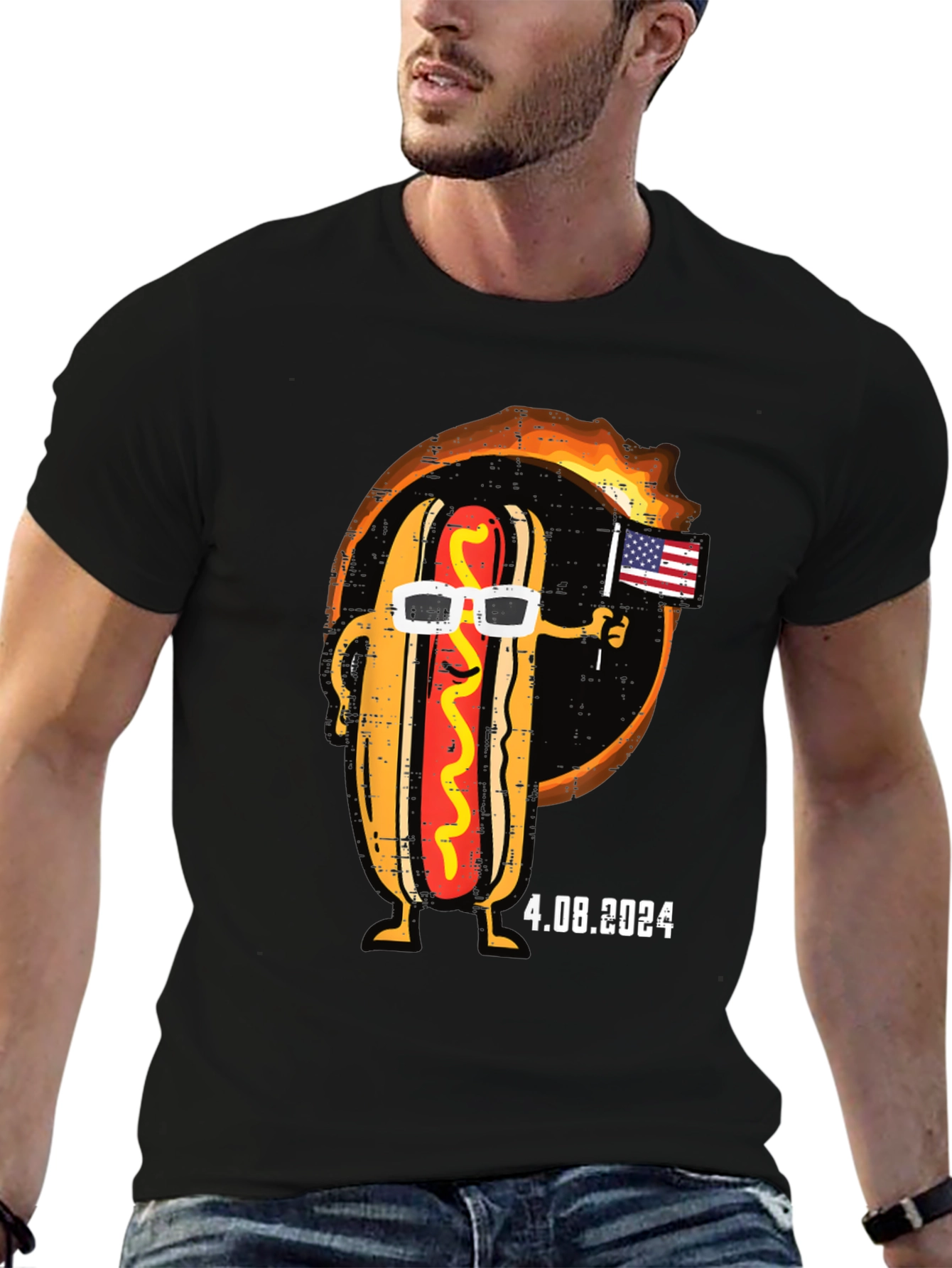 Black Cool Hot Dog T-Shirt - American Flag & Sunglasses view 6
