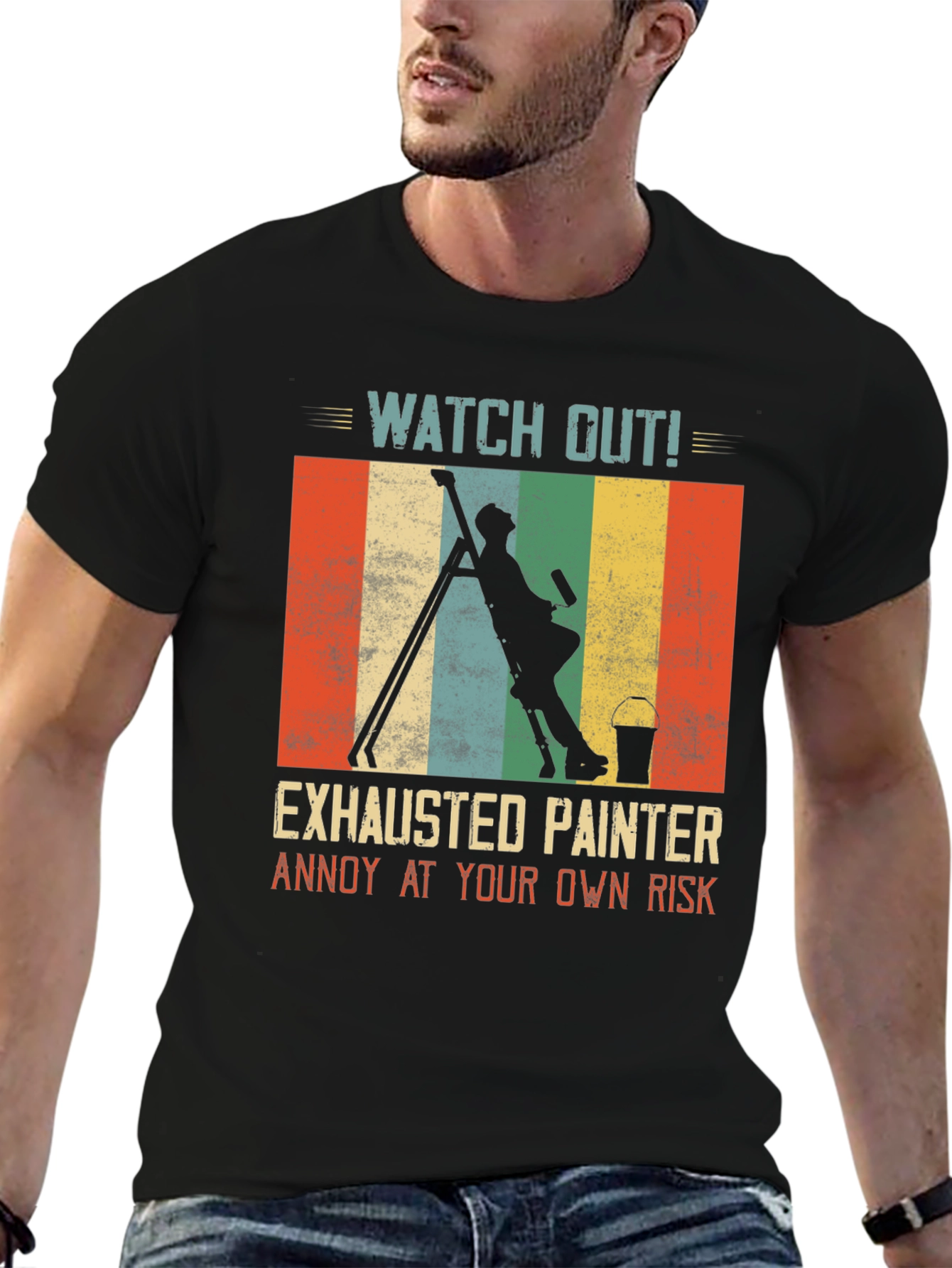 Black Exhausted Painter T-Shirt: Funny Painting Crew Apparel view 6