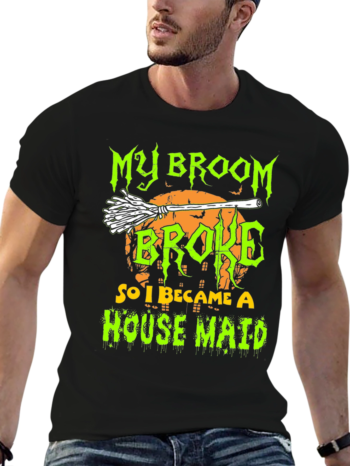 Black My Broom Broke, House Maid Halloween T-Shirt view 6