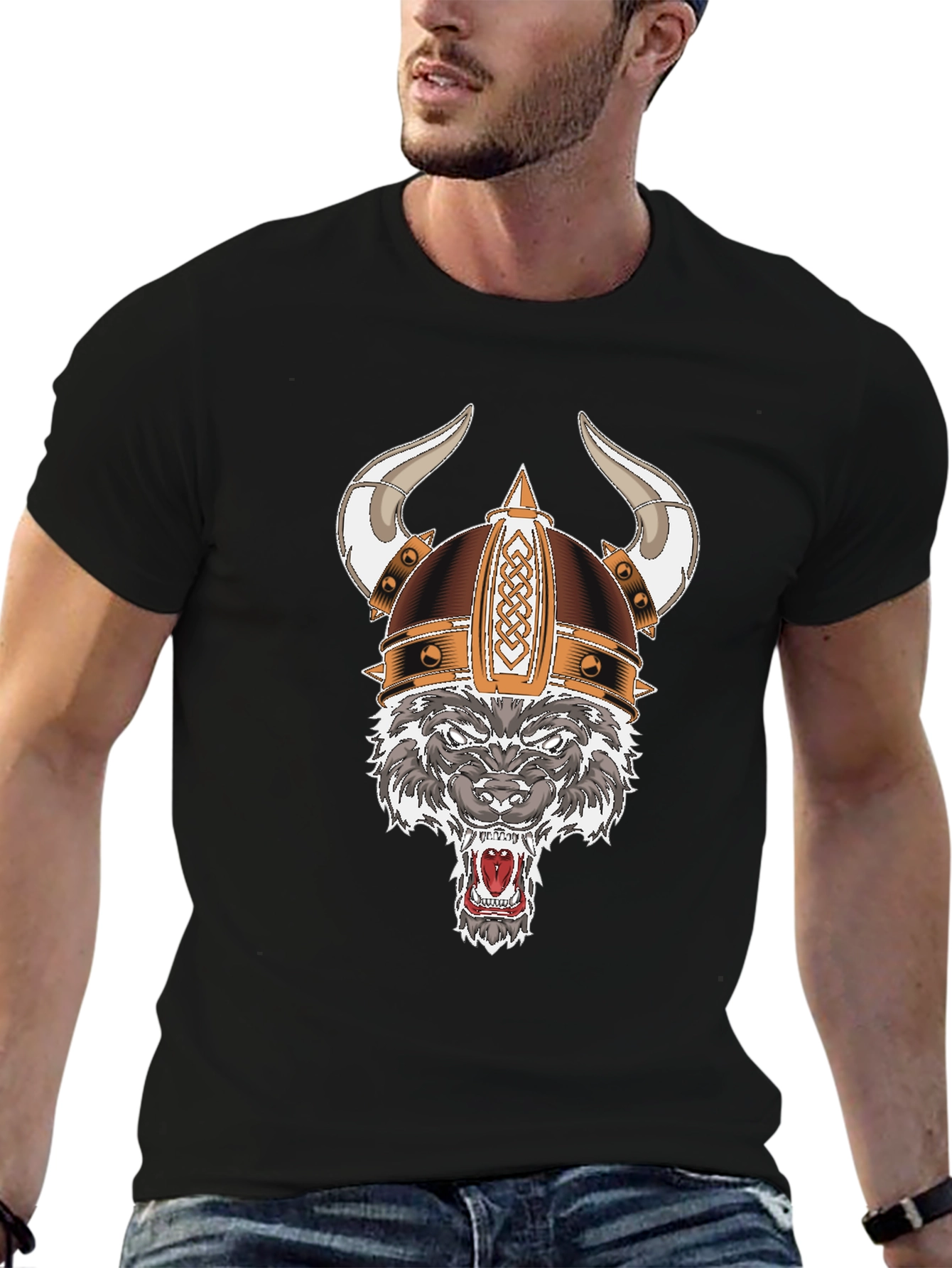 Black Wolf Viking Helmet T-Shirt view 6