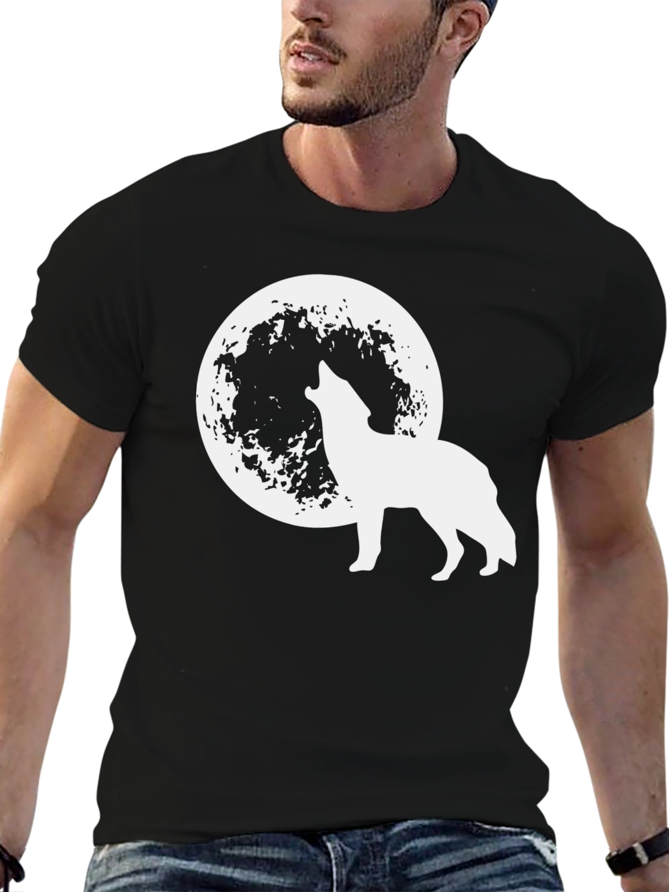 Black Wolf Howling at Moon Graphic Tee - Black view 6