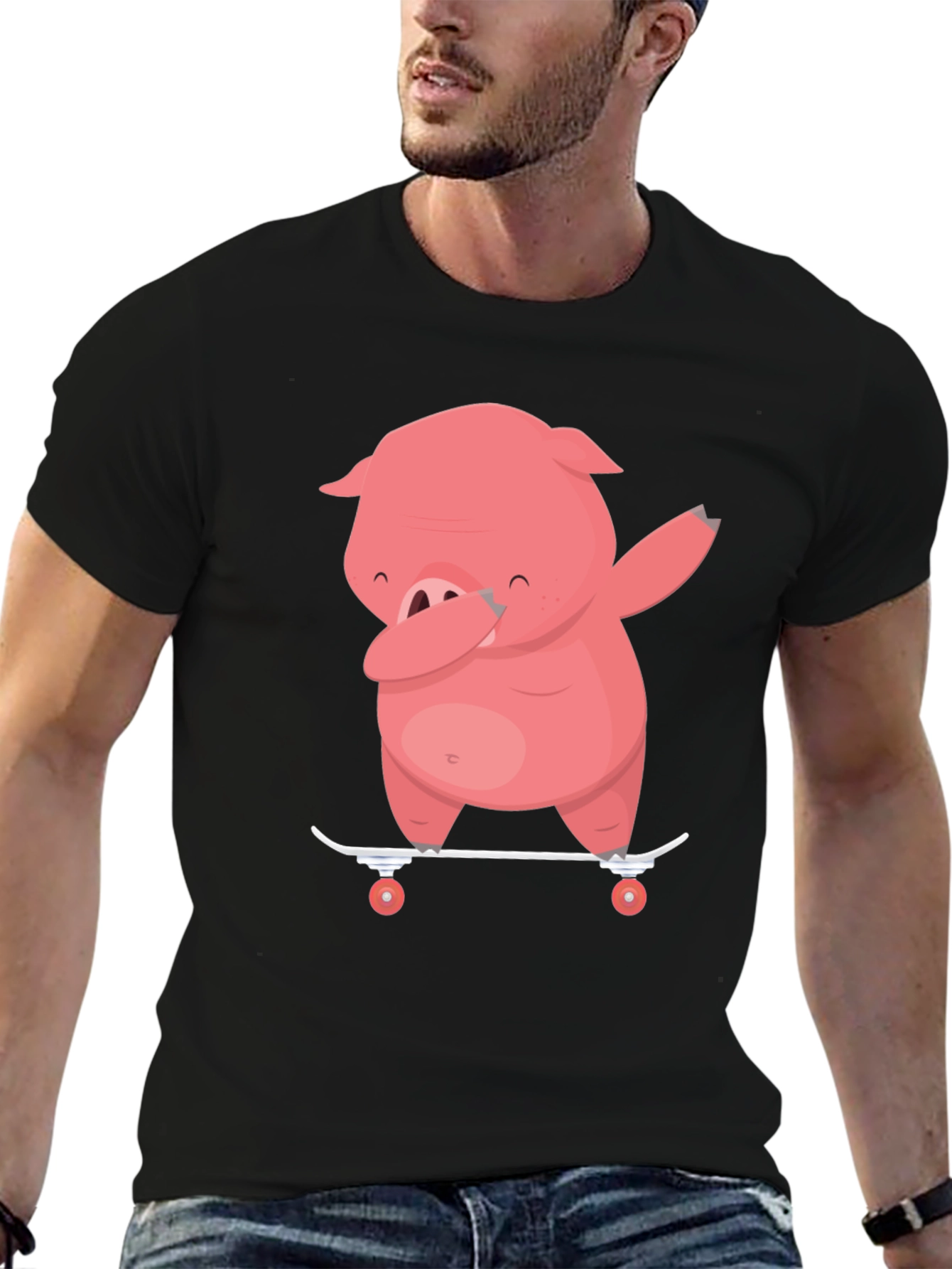Black Dabbing Pig Skateboard T-Shirt - Funny Cartoon Tee view 6