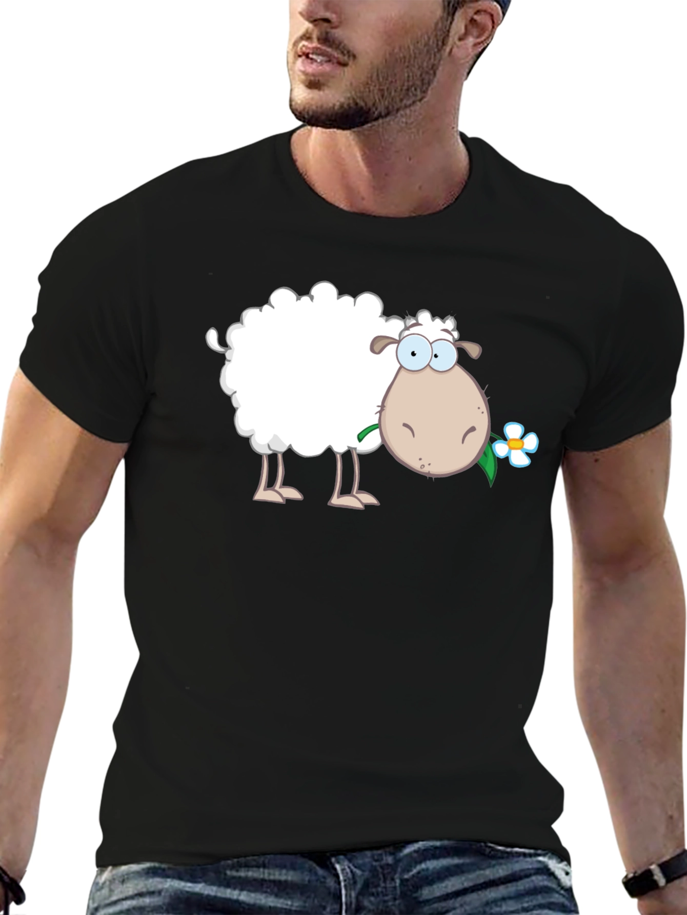 Black Funny Sheep with Flower Black T-Shirt view 6