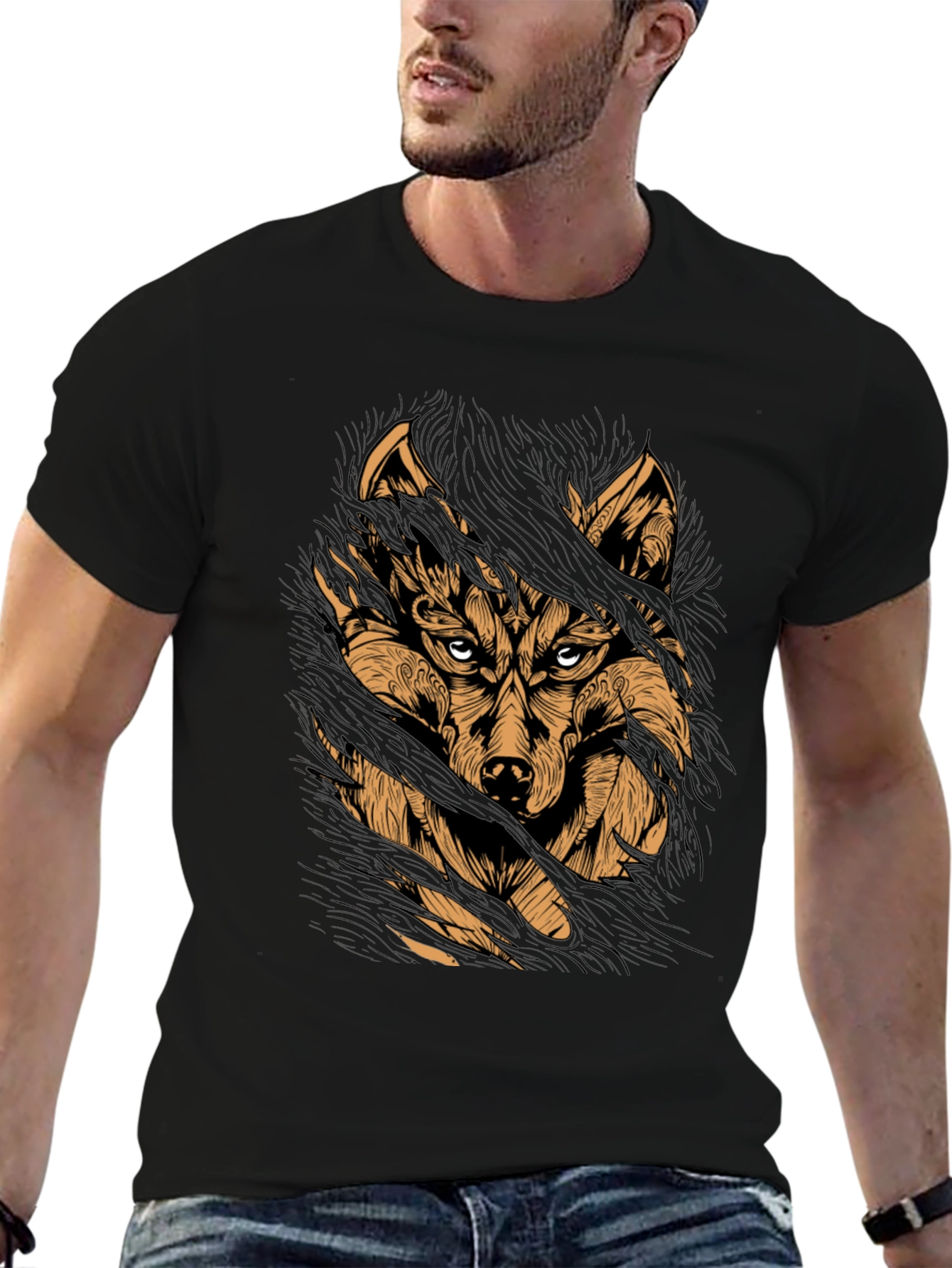 Black Wolf Graphic Print Black T-Shirt view 6