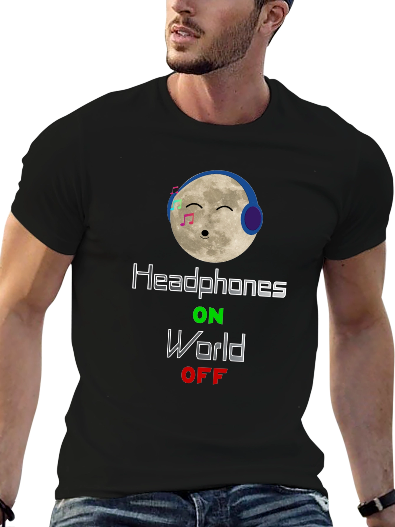 Black Headphones On World Off T-Shirt - Moon Music Design view 6
