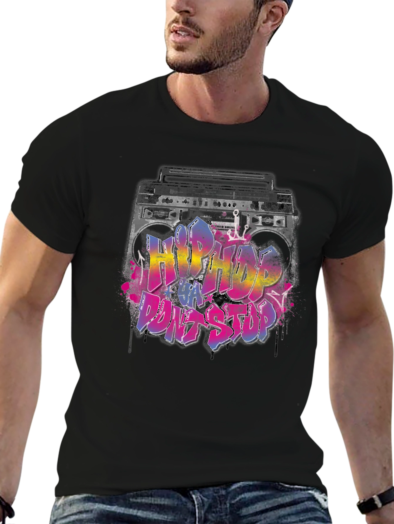 Black Hip Hop Boombox Graphic T-Shirt view 6