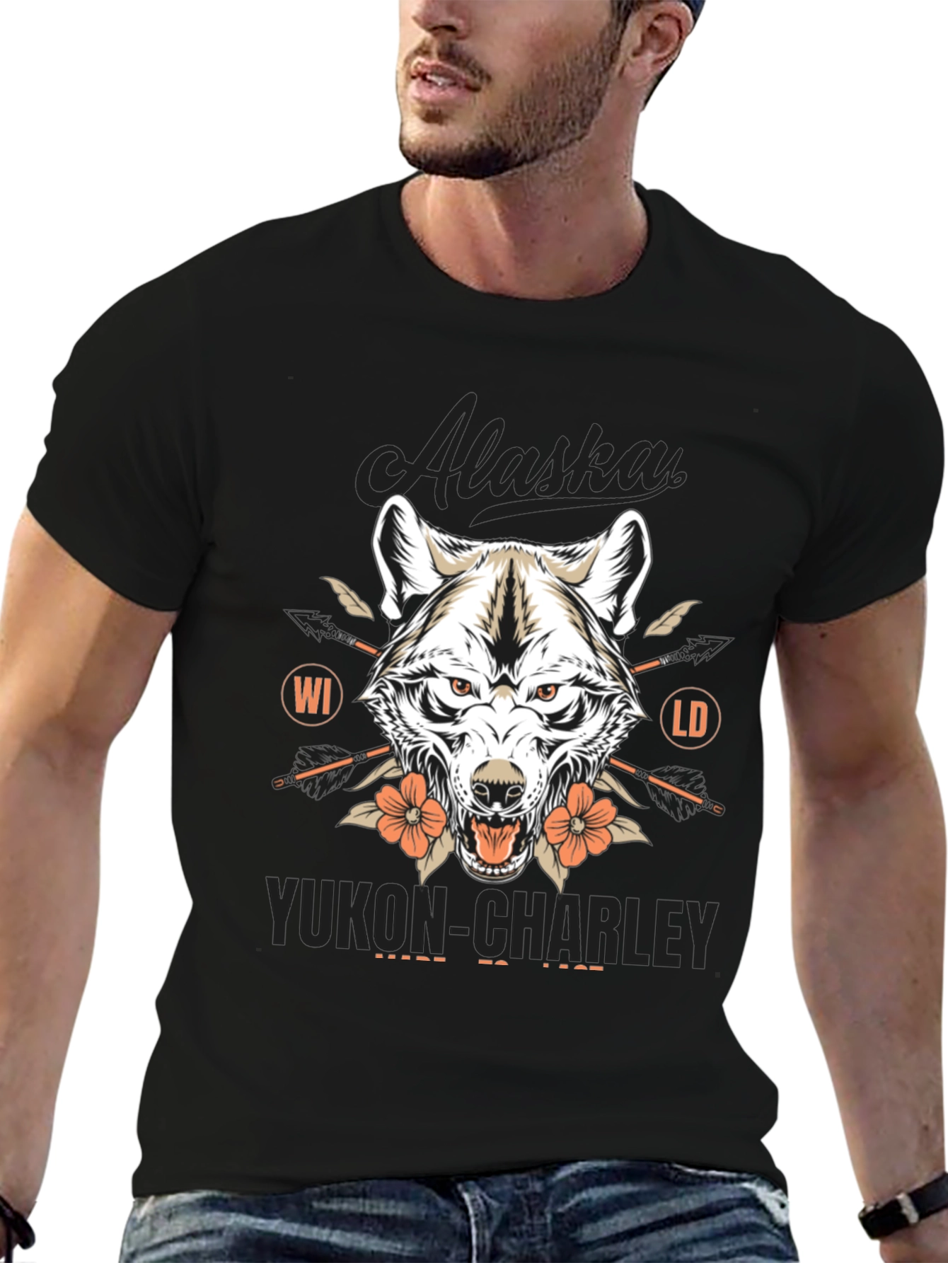 Black Alaska Yukon Charley Wolf Graphic T-Shirt view 6
