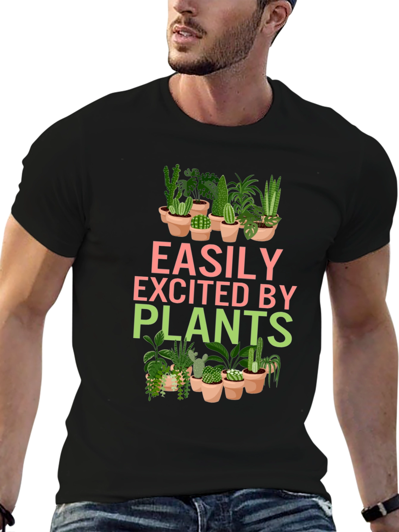 Black Easily Excited By Plants Graphic T-Shirt view 6