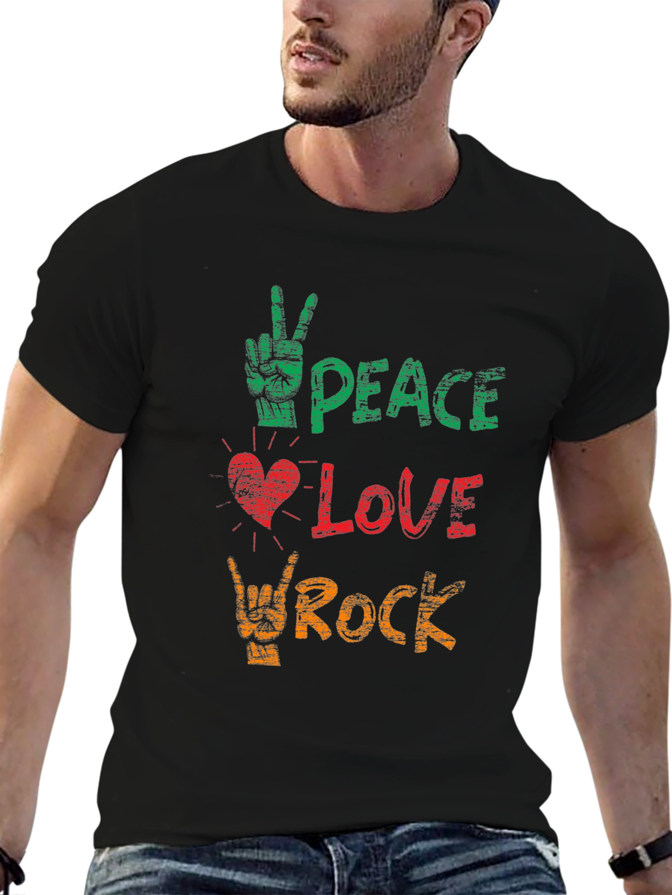 Black Peace Love Rock Graphic Tee - Black Cotton T-Shirt view 6
